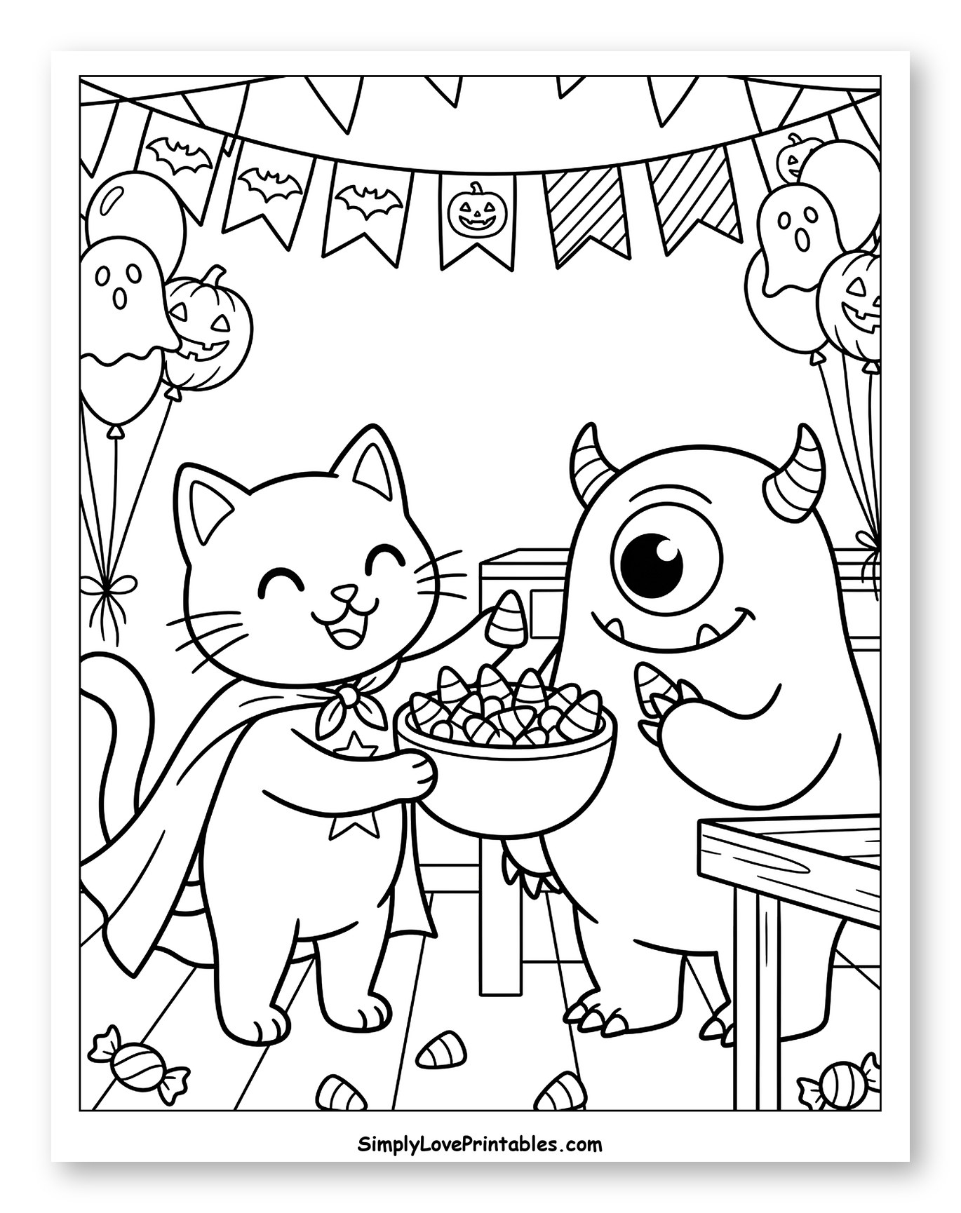 Cat and Monster Sharing Halloween Candy