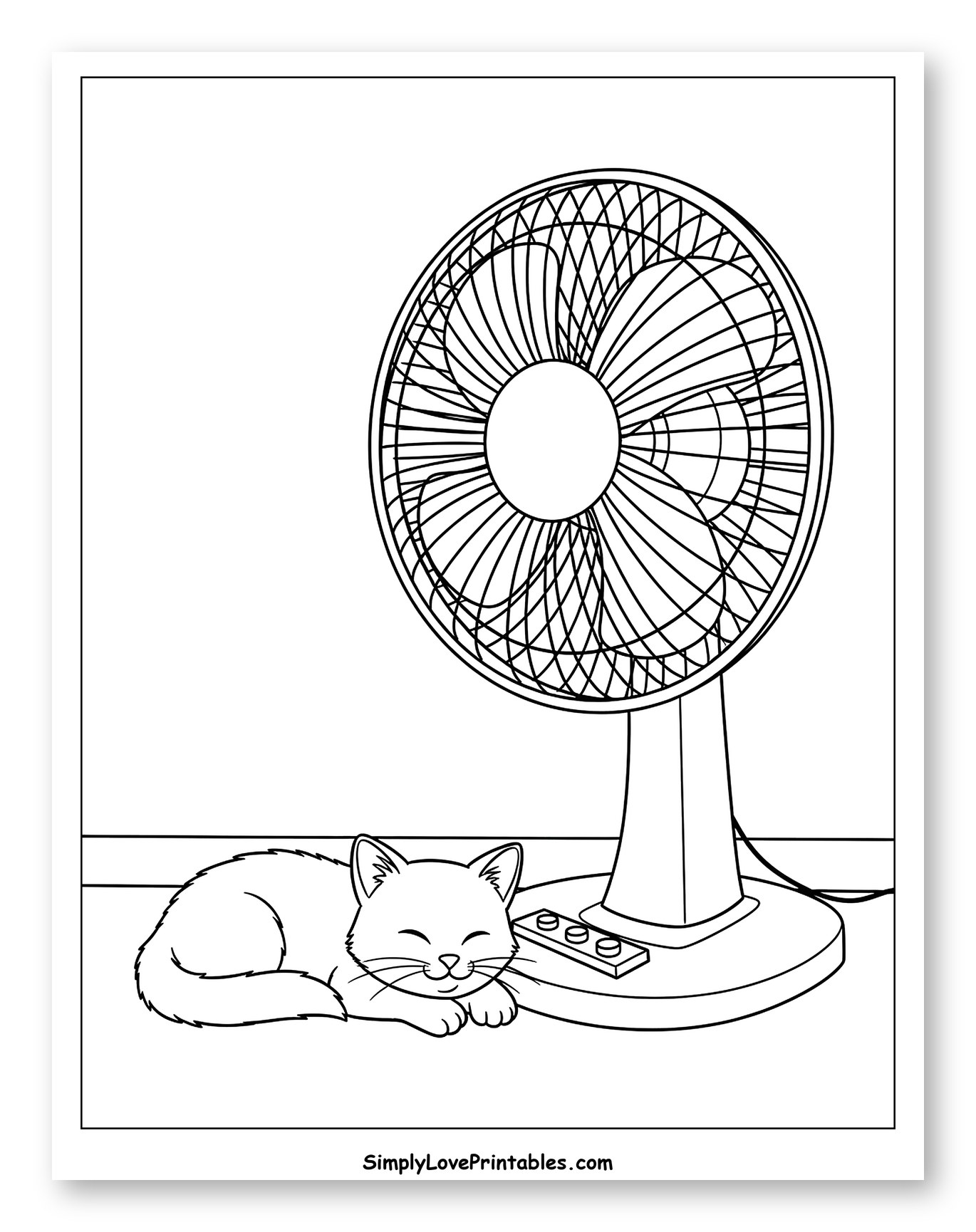 Cat Sleeping Peacefully by a Stand Fan Coloring Sheet for Toddlers