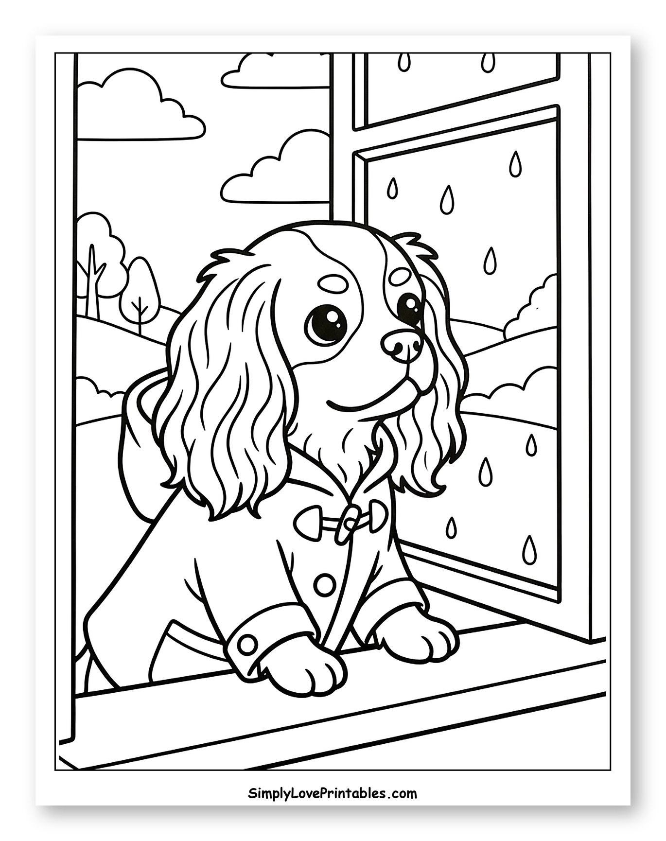 Cavalier Dog in Raincoat Looking Out Window
