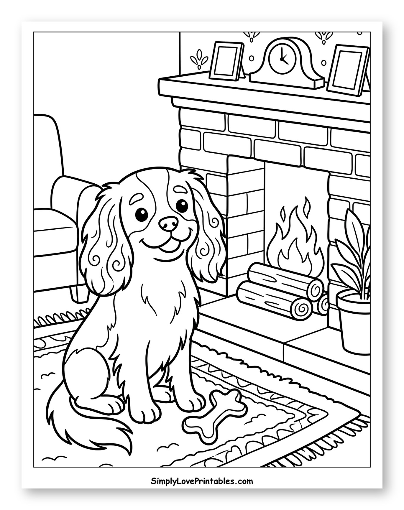 Cavalier King Charles Spaniel by a Warm Fireplace Coloring Sheet for Kids