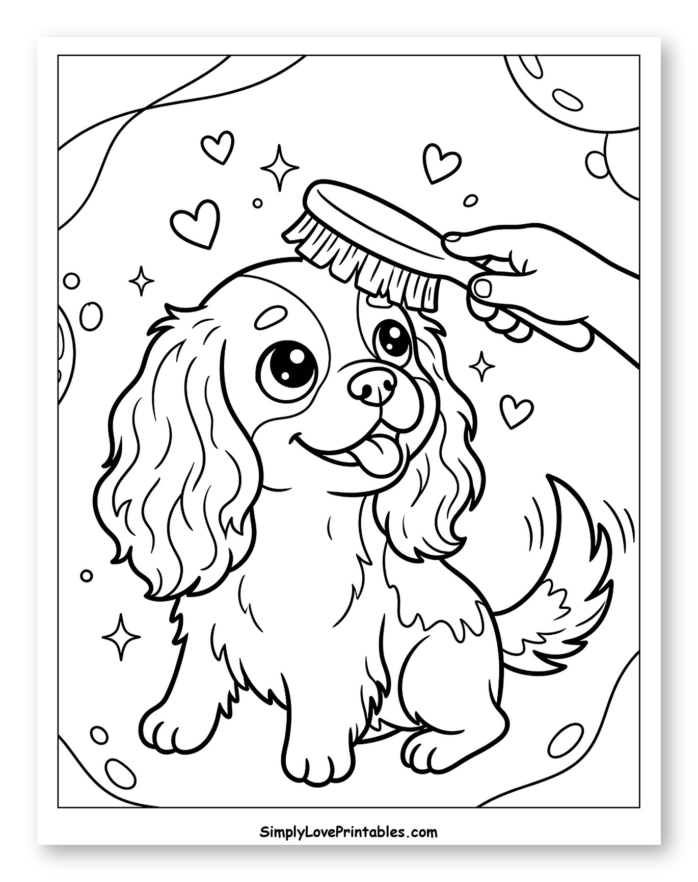 Cavalier Puppy Being Gently Brushed Coloring Sheet for Kids