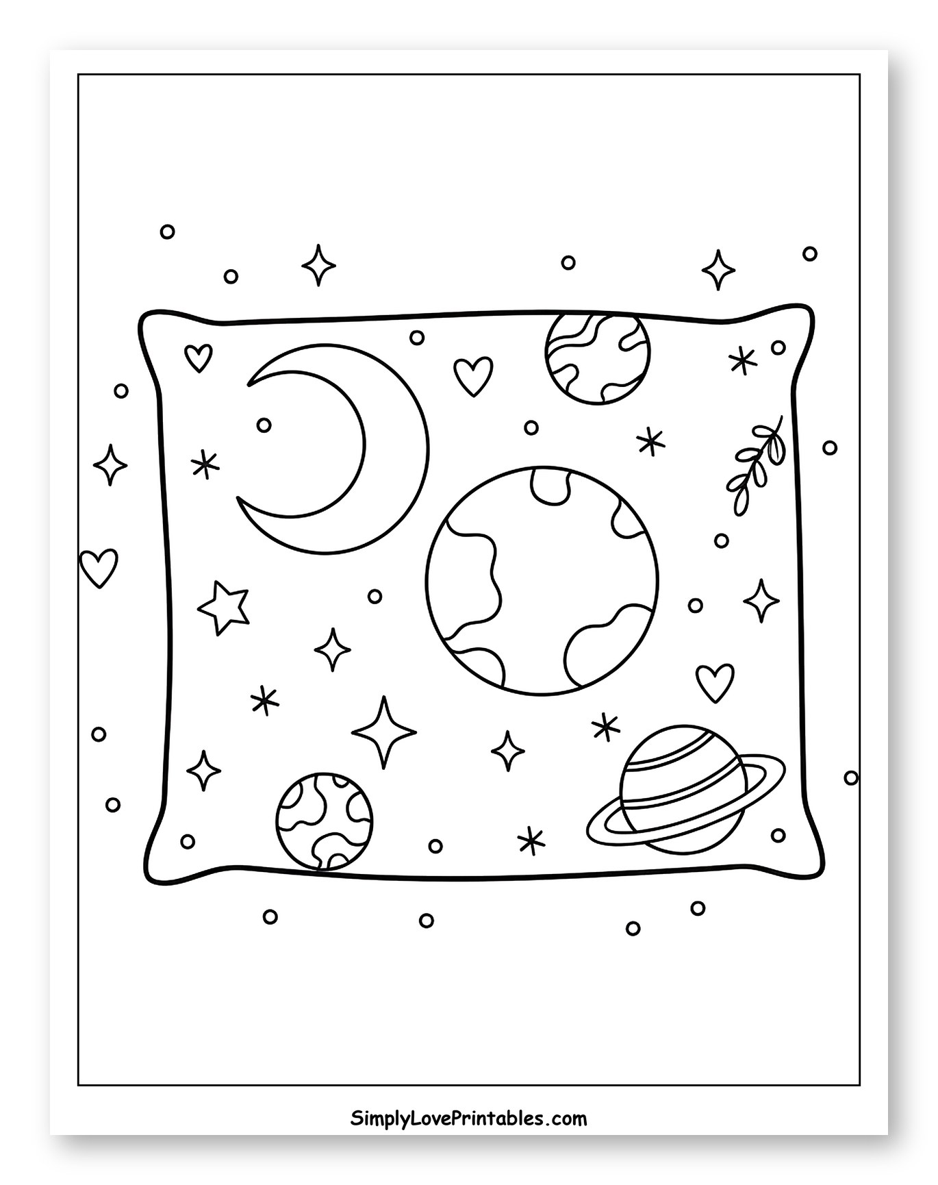 Celestial Patterned Pillow with Moon and Planets Coloring Page for Adults