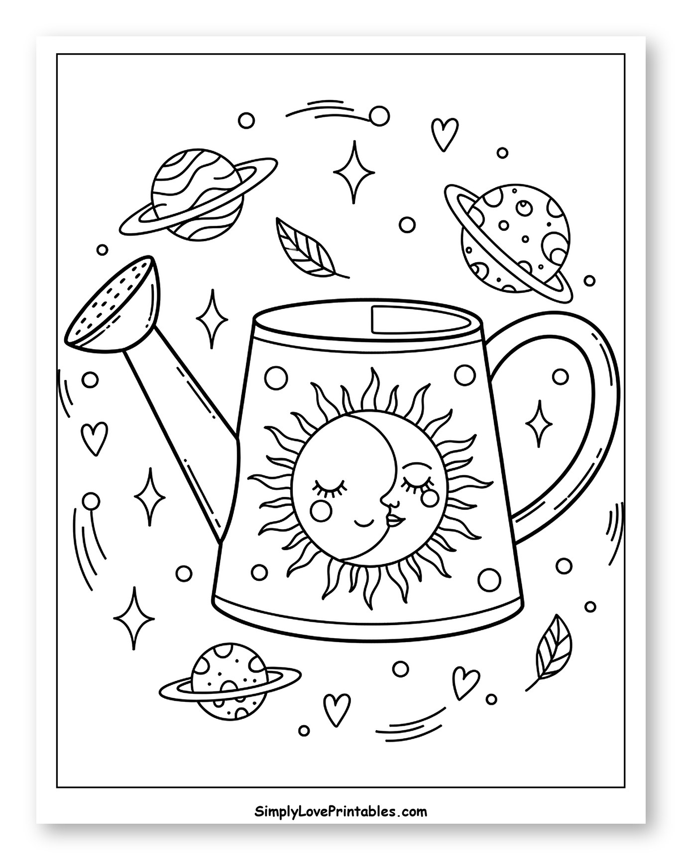 Celestial Watering Can with Planets and Stars Coloring Sheet for Adults