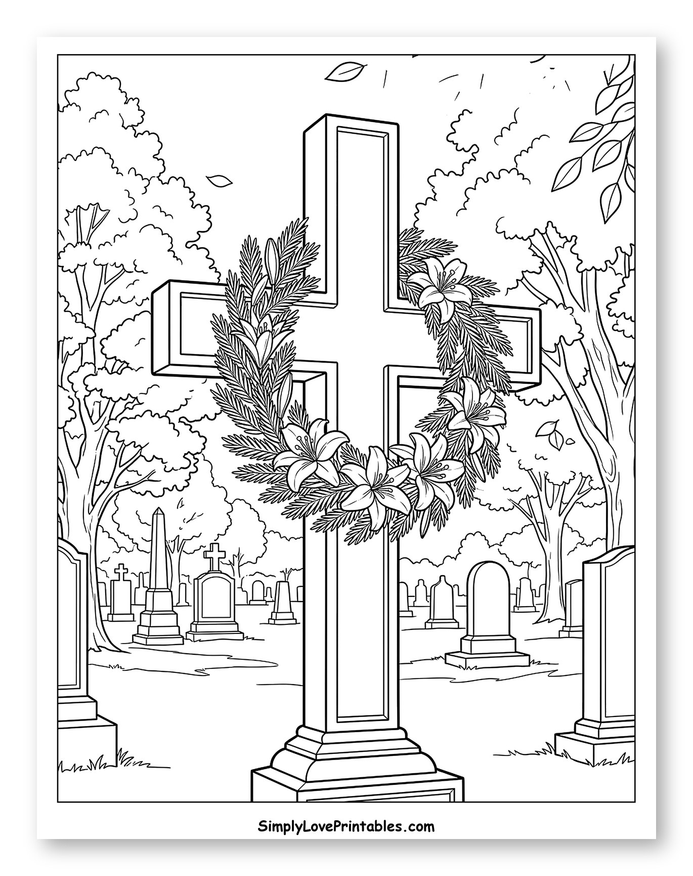Cemetery Cross with Lily Wreath to Color