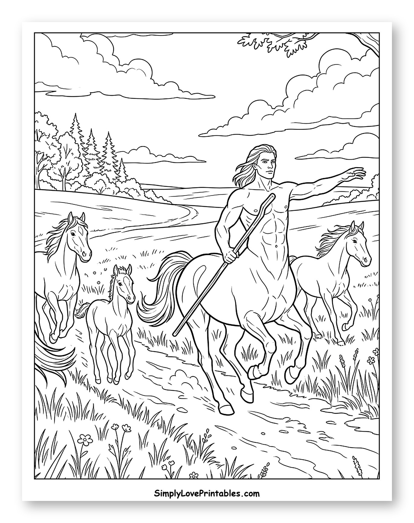 Centaur Guiding Horses and Foal Outdoors to Color