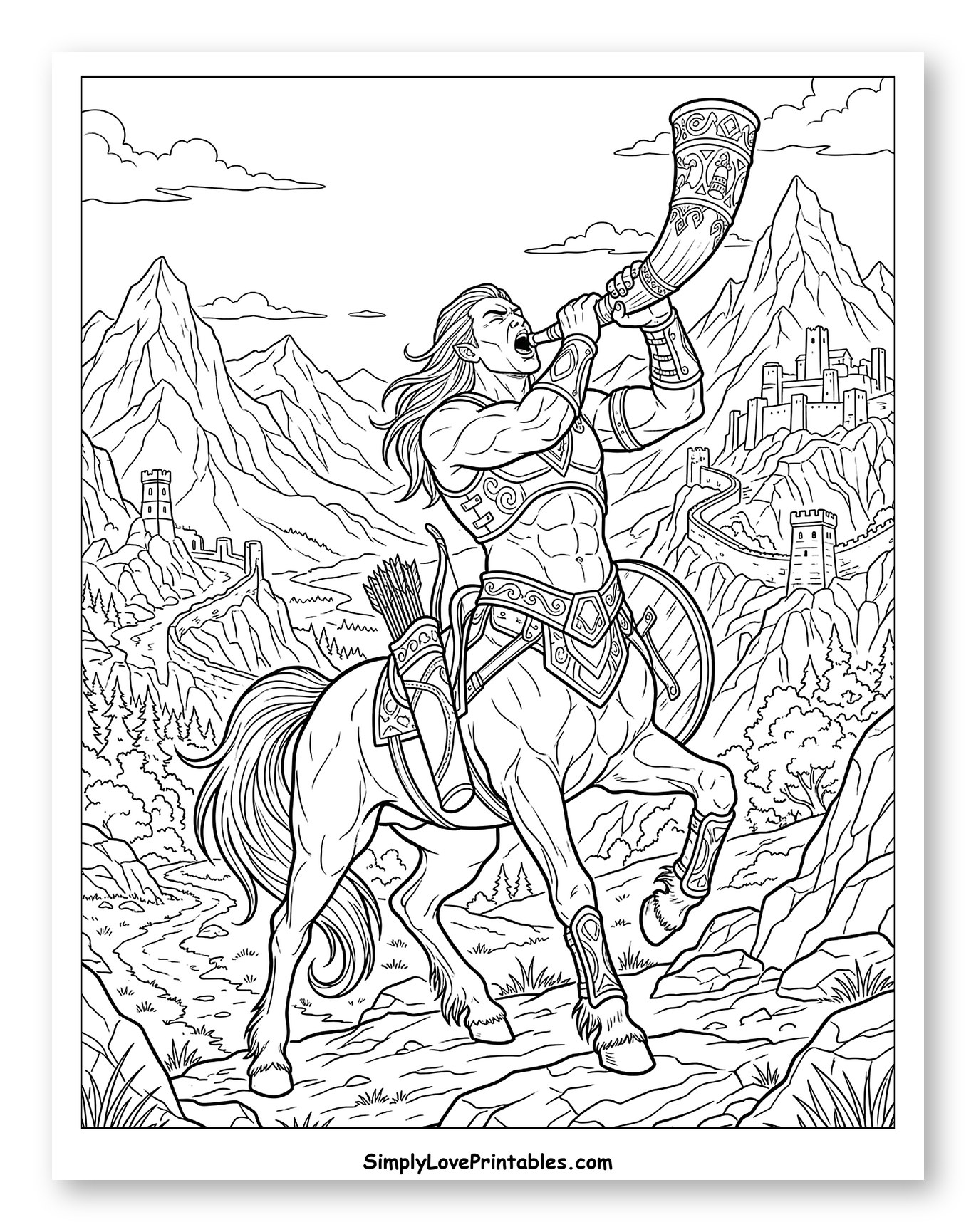 Centaur Warrior Blowing Horn in Mountain Landscape