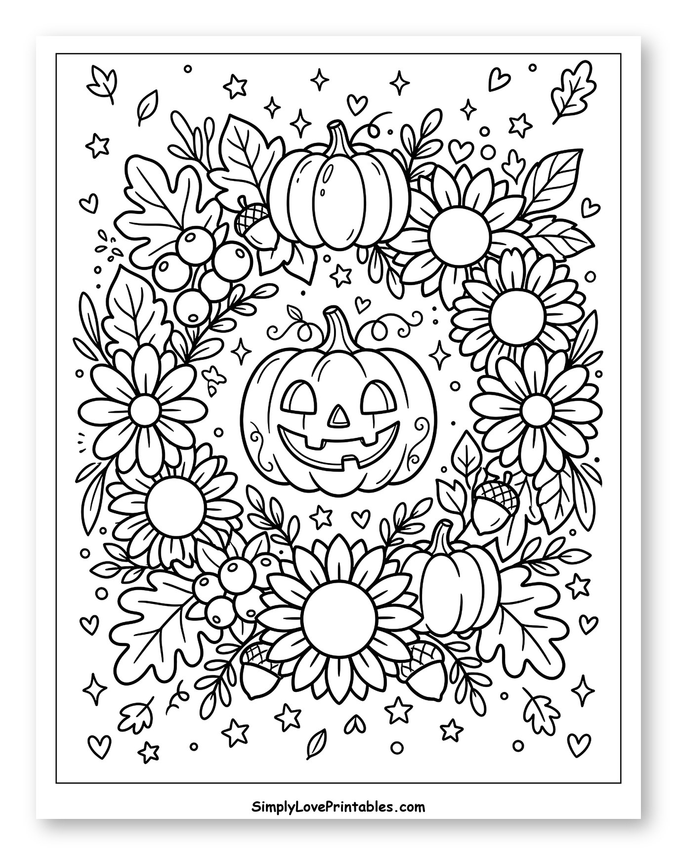 Central Jack-o'-lantern with Autumn Embellishments Coloring Sheet for Adults