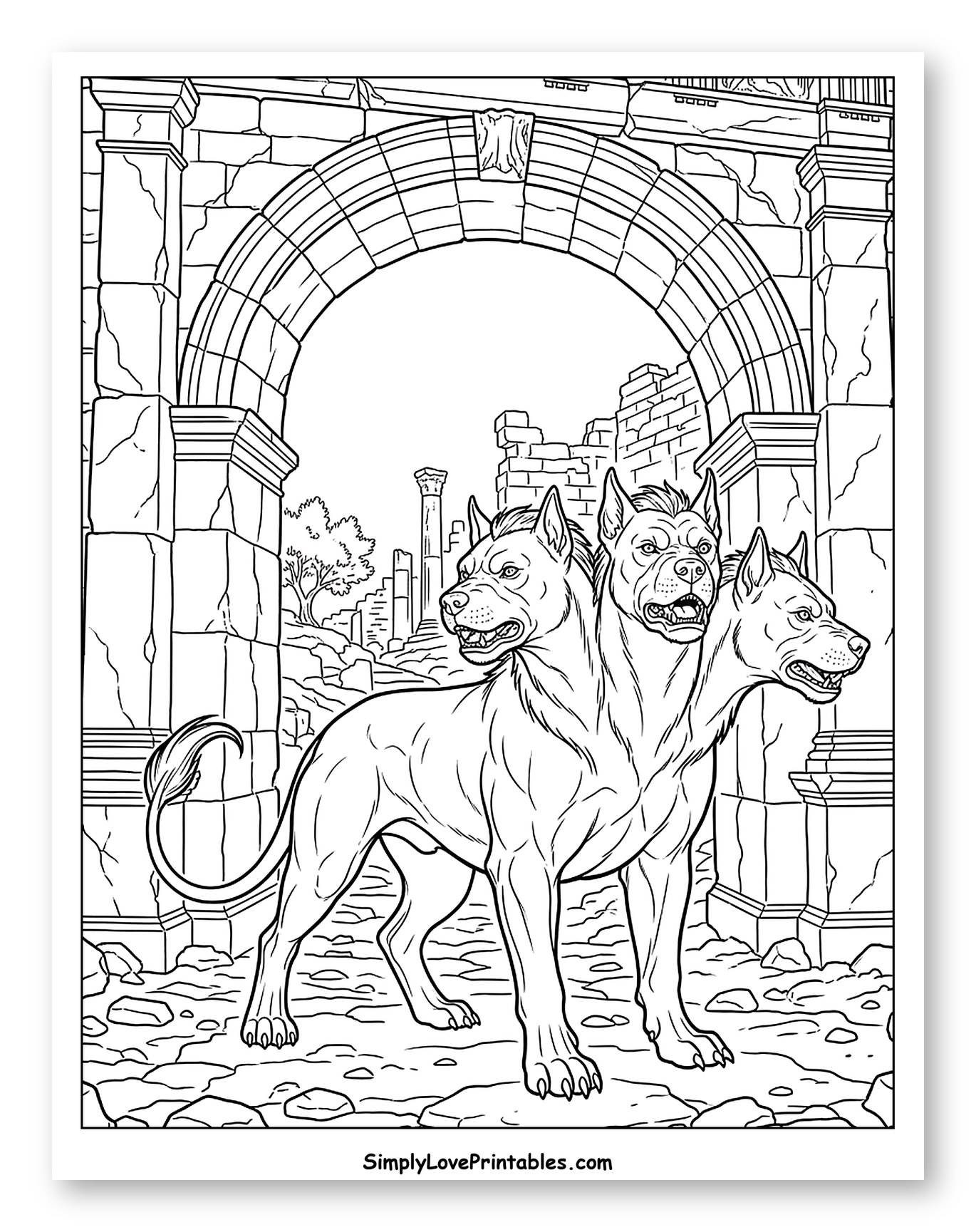 Cerberus Guarding Ancient Roman Archway Coloring Sheet