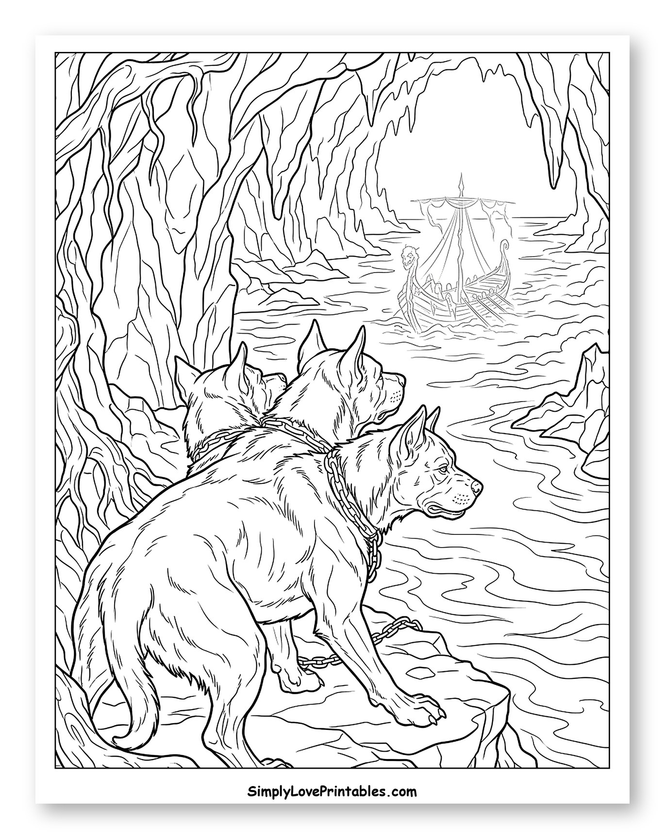 Cerberus Guards Underworld Entrance with Ship Coloring Page