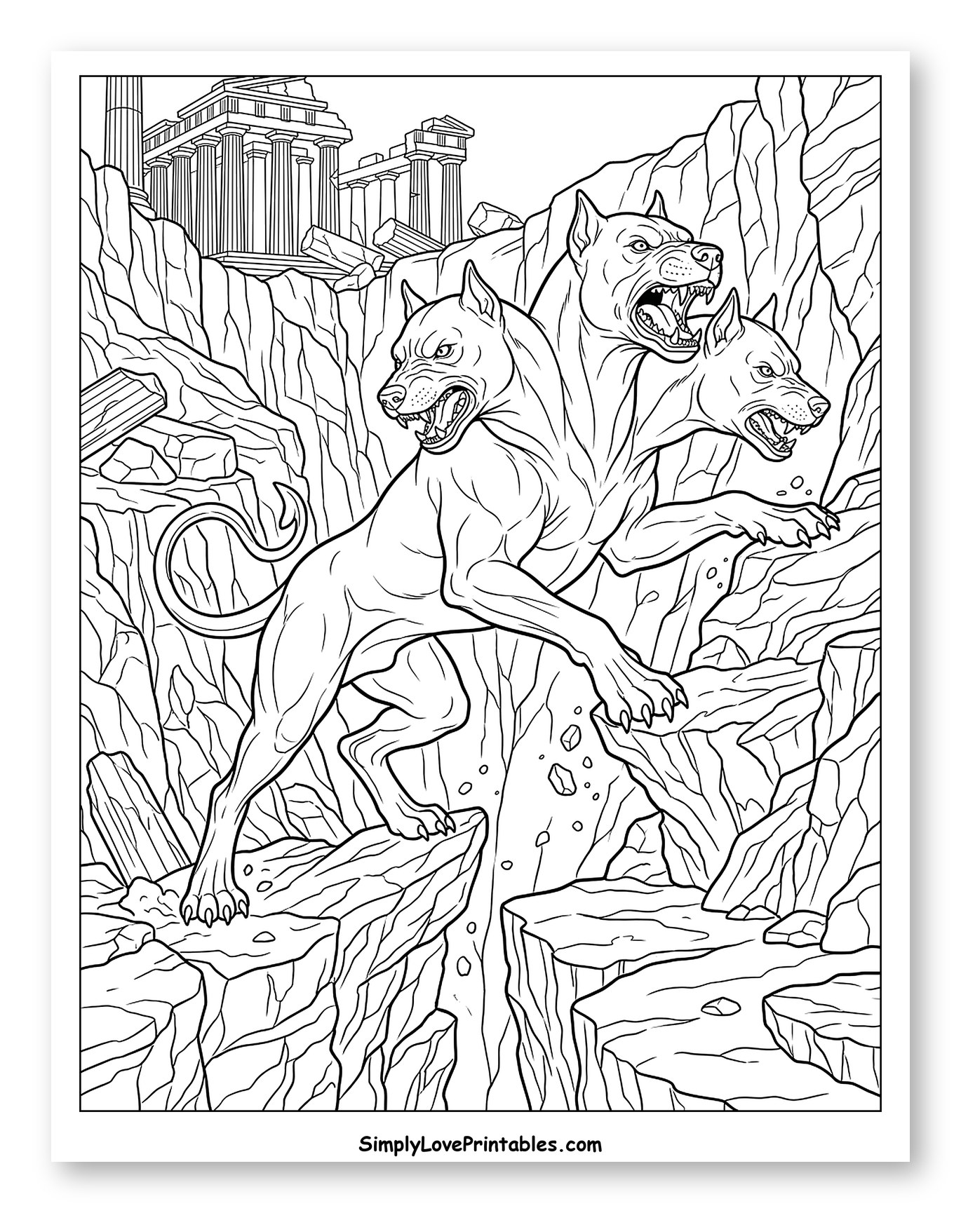 Cerberus on a Rocky Cliff by Ancient Ruins