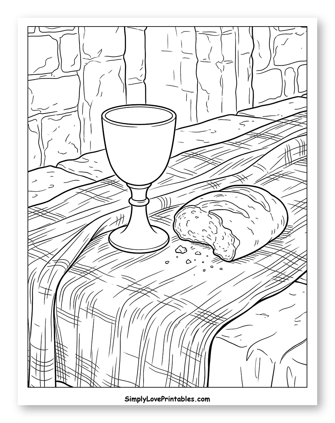 Chalice and Bread on Table with Stone Archway