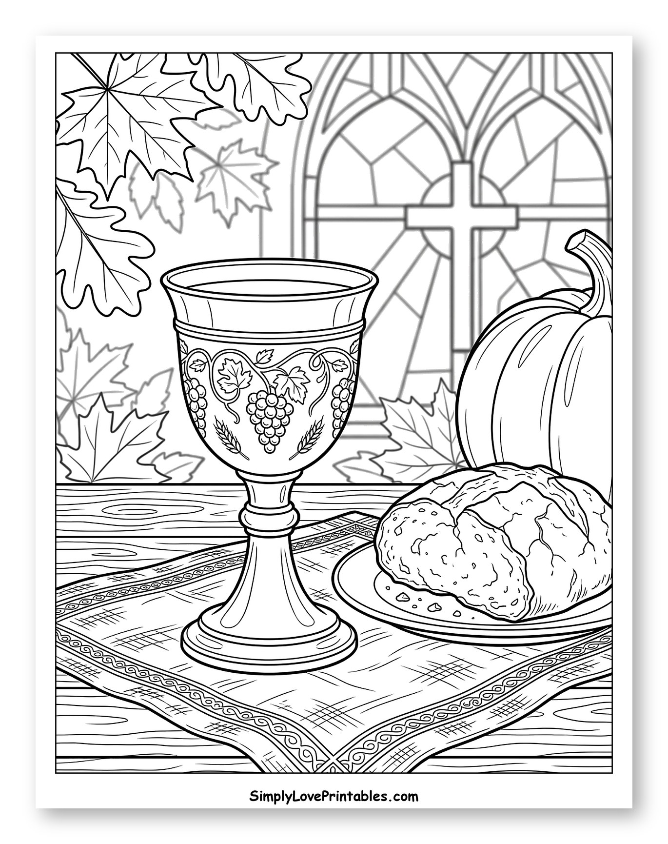 Chalice, Bread, Pumpkin, and Stained Glass Window Coloring Page