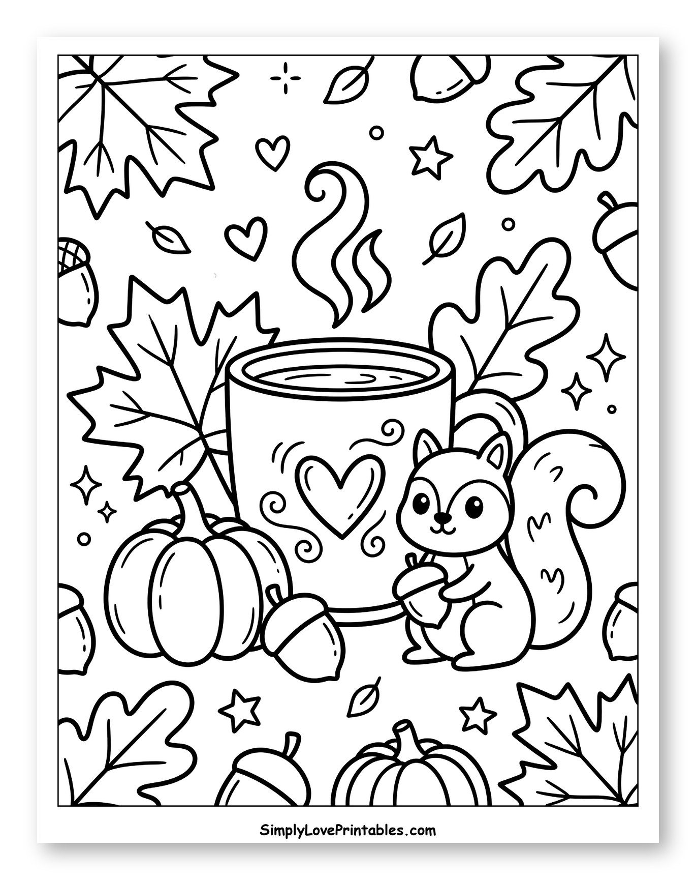 Charming Autumn Scene with Coffee and Squirrel Coloring Page for Adults