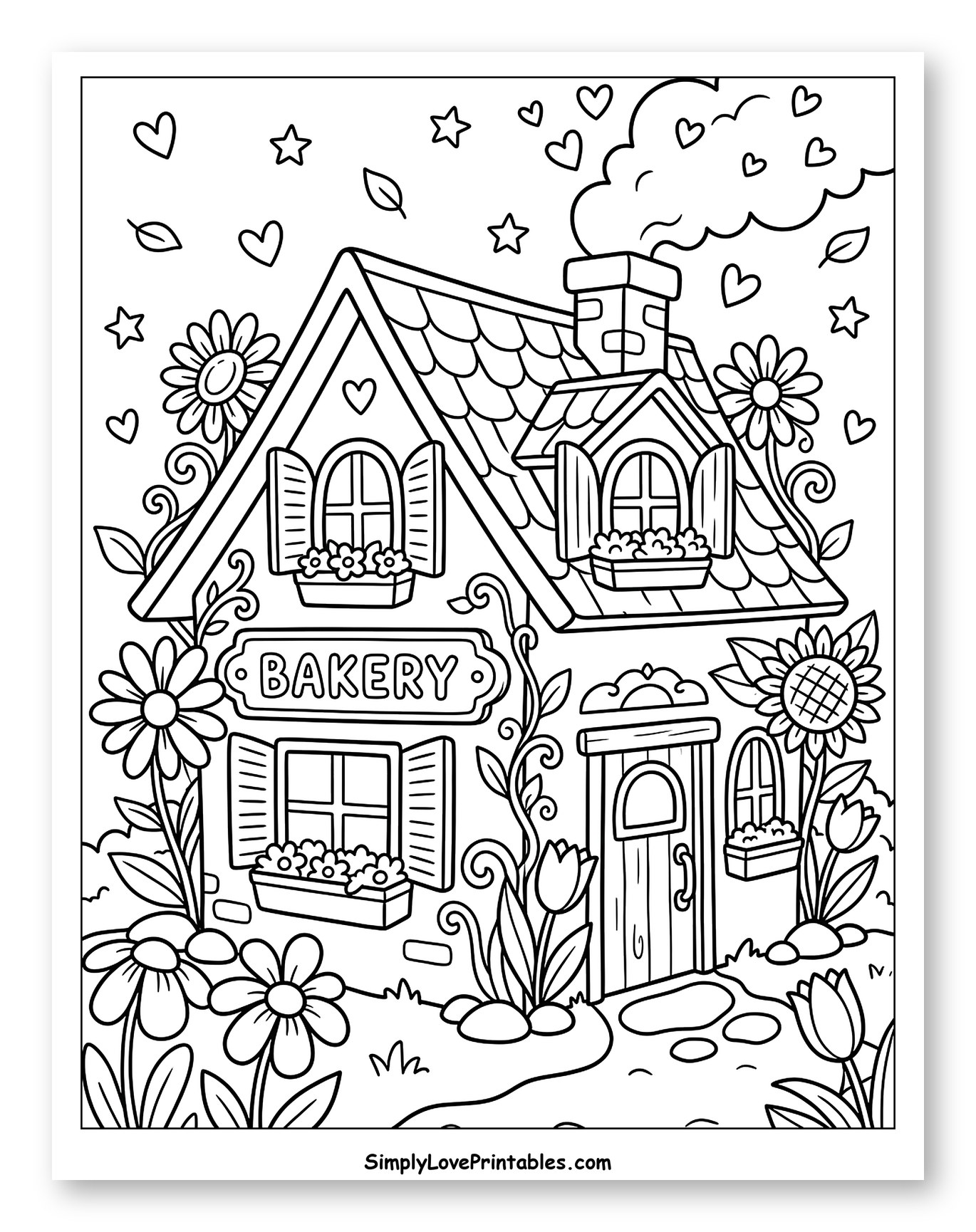 Charming Bakery House with Garden Coloring Page for Adults