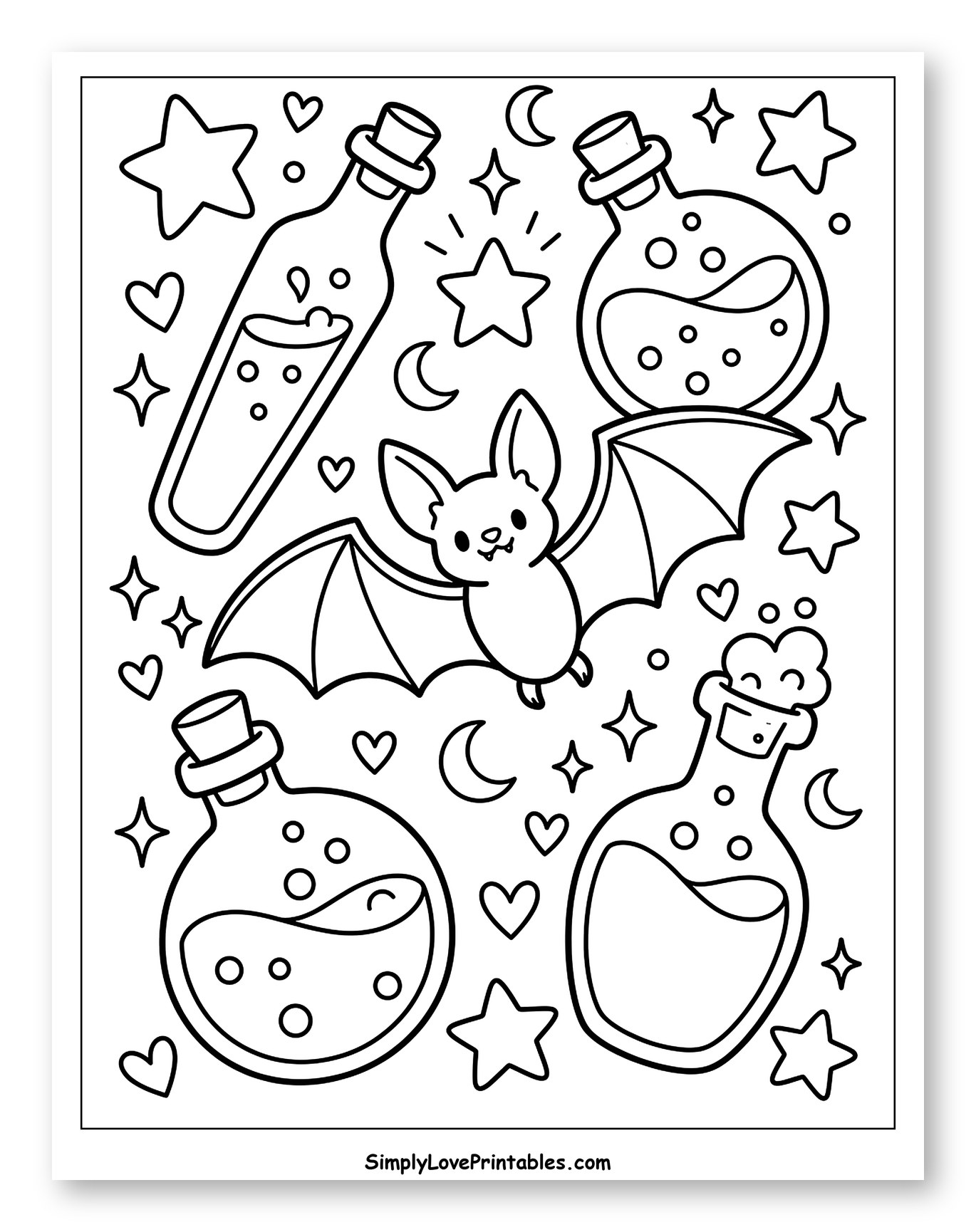 Charming Bat Among Potion Bottles and Celestial Shapes Coloring Sheet for Adults