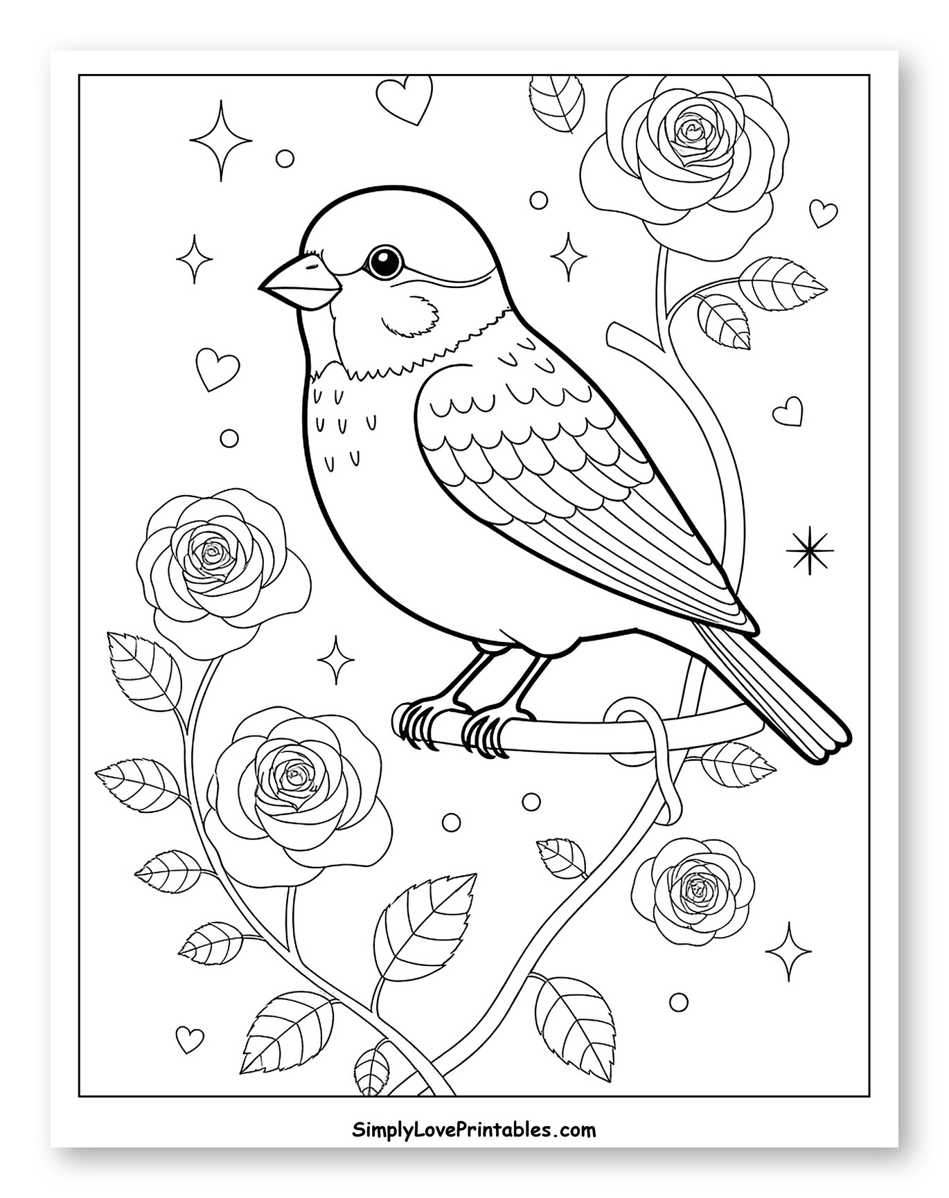 Charming Bird on Rose Vine to Color for Adults