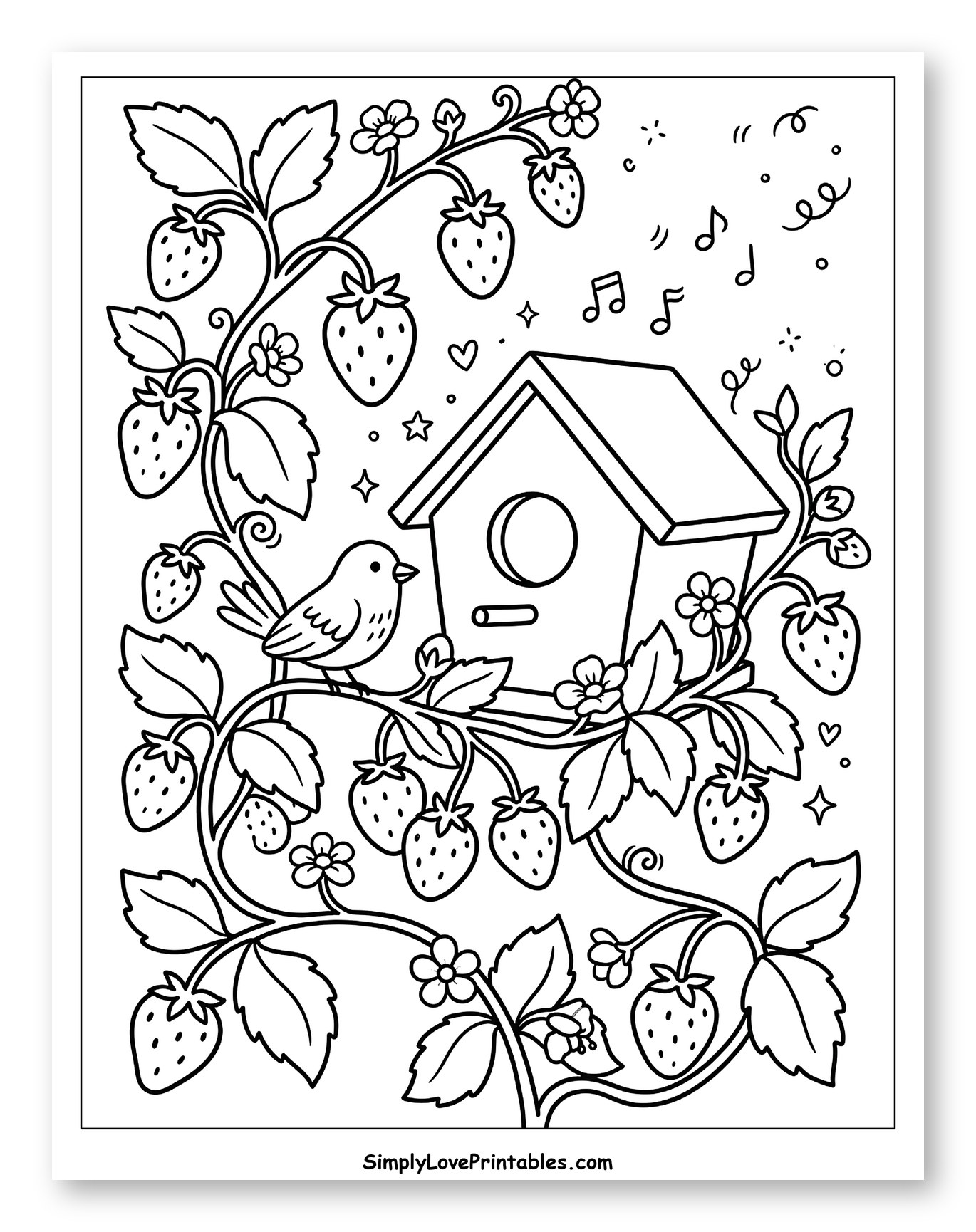 Charming Birdhouse Amidst Strawberry Plants to Color for Adults