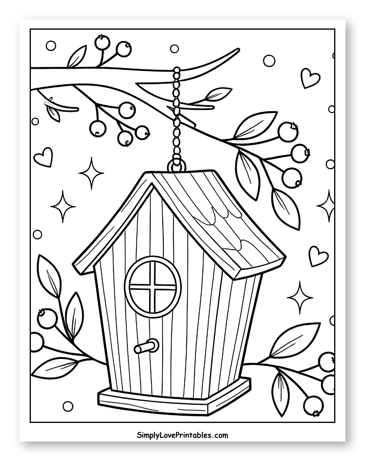 Charming Birdhouse on a Branch with Berries to Color for Adults