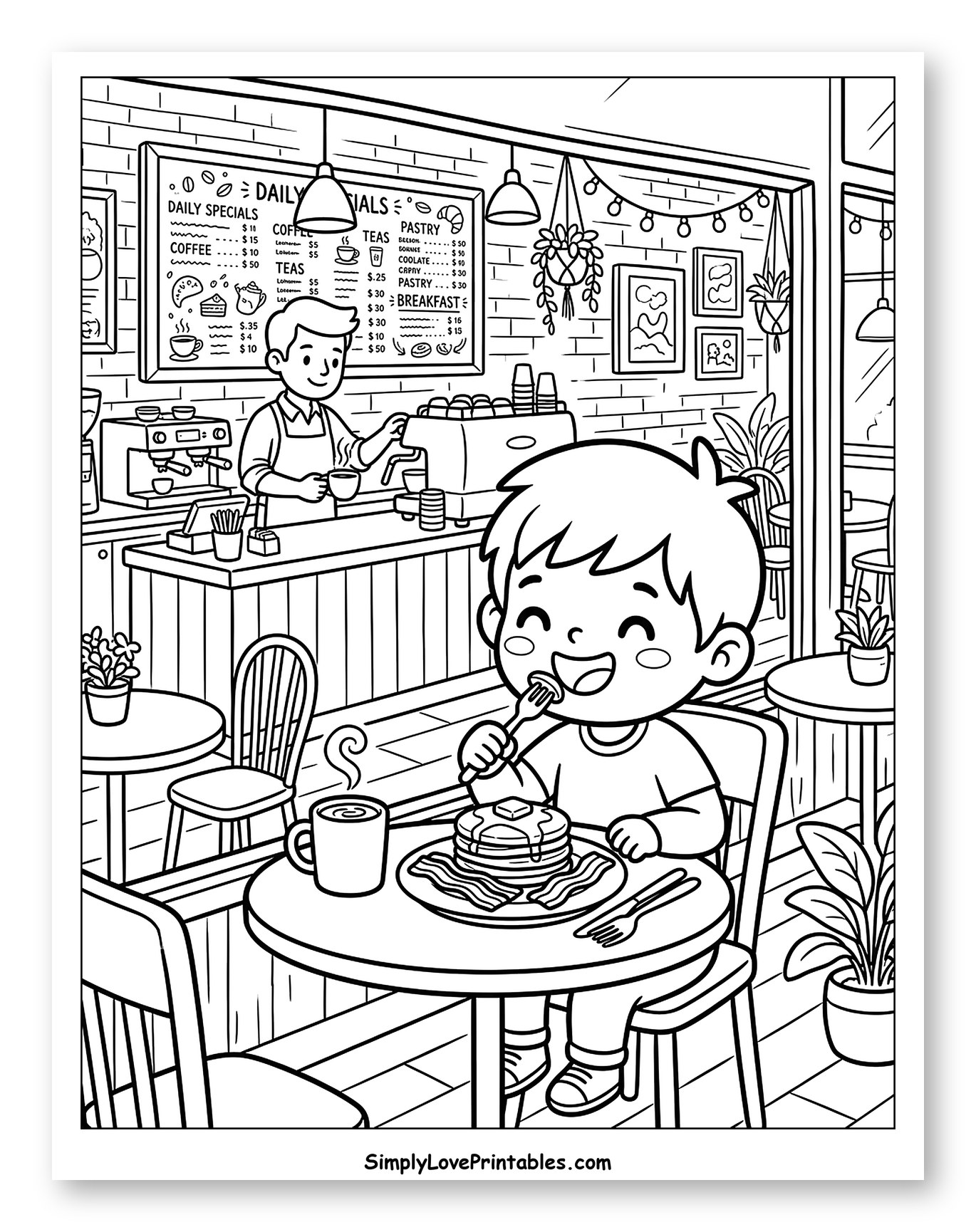 Charming Cafe Scene with Happy Child Eating Breakfast