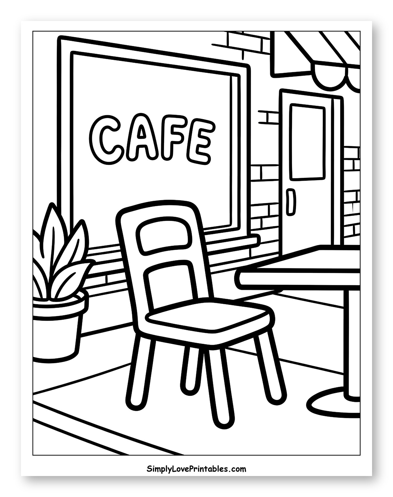 Charming Cafe with Outdoor Seating and Plant Coloring Sheet for Toddlers