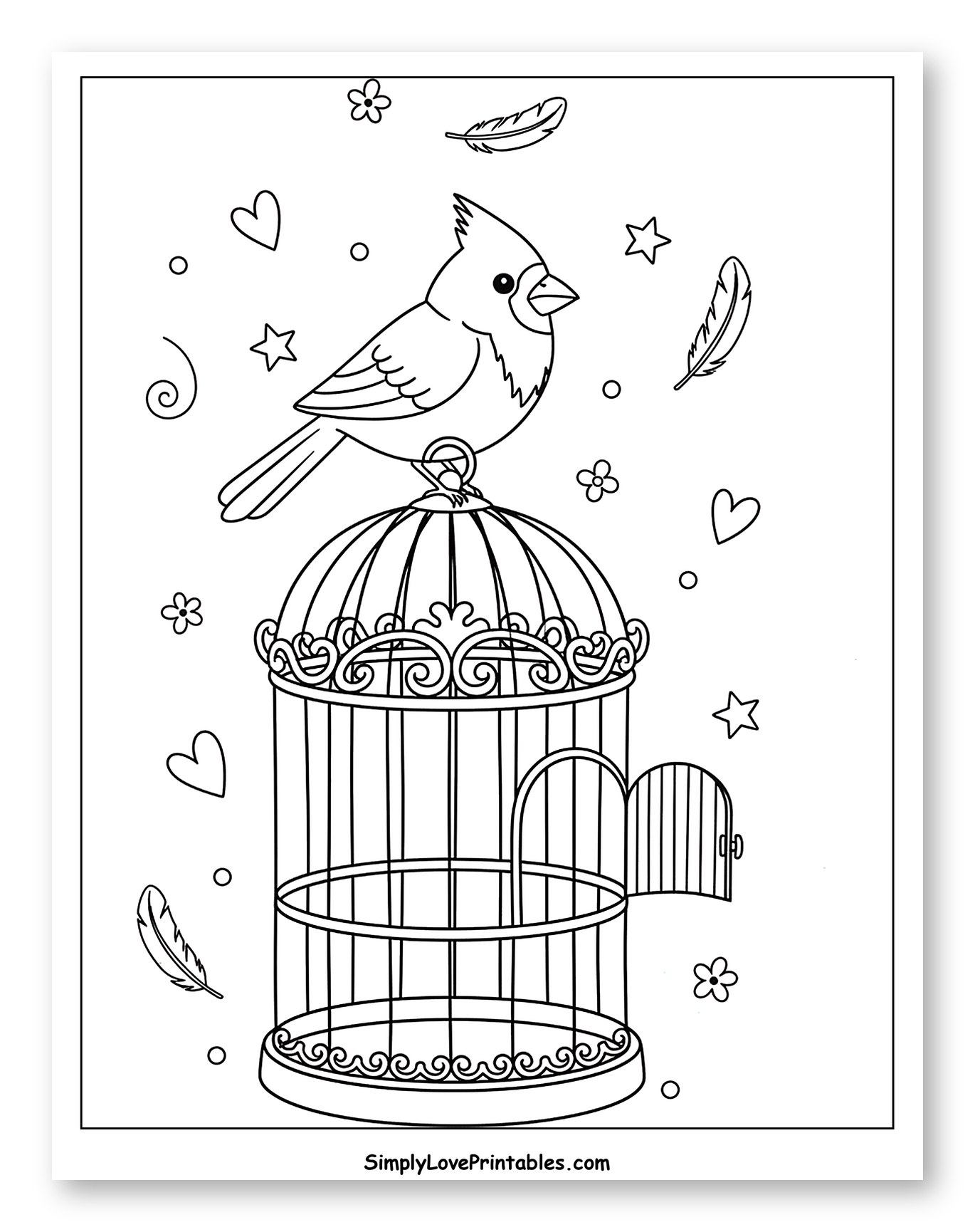 Charming Cardinal Perched on an Open Birdcage to Color for Adults