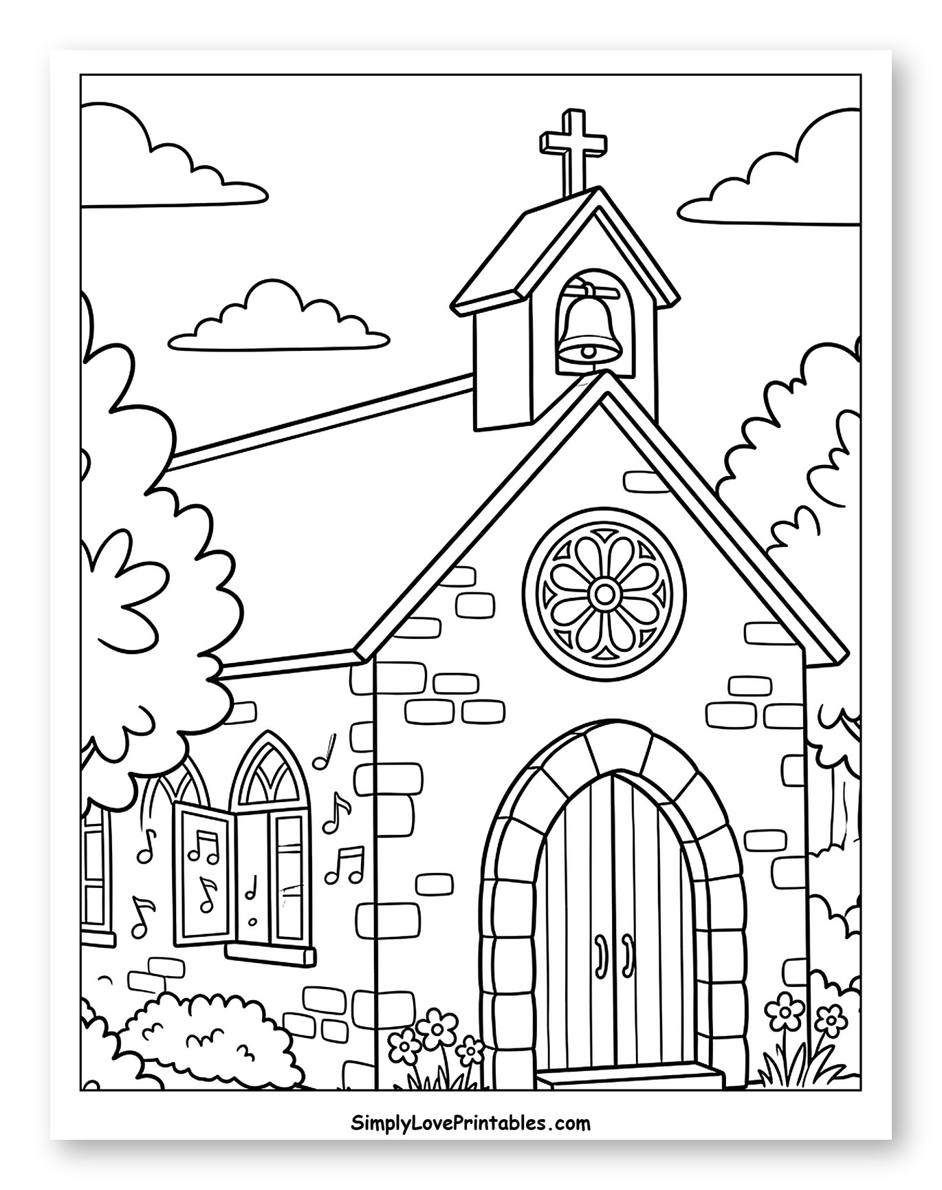 Charming Church with Flowers and Musical Notes Coloring Page for Kids