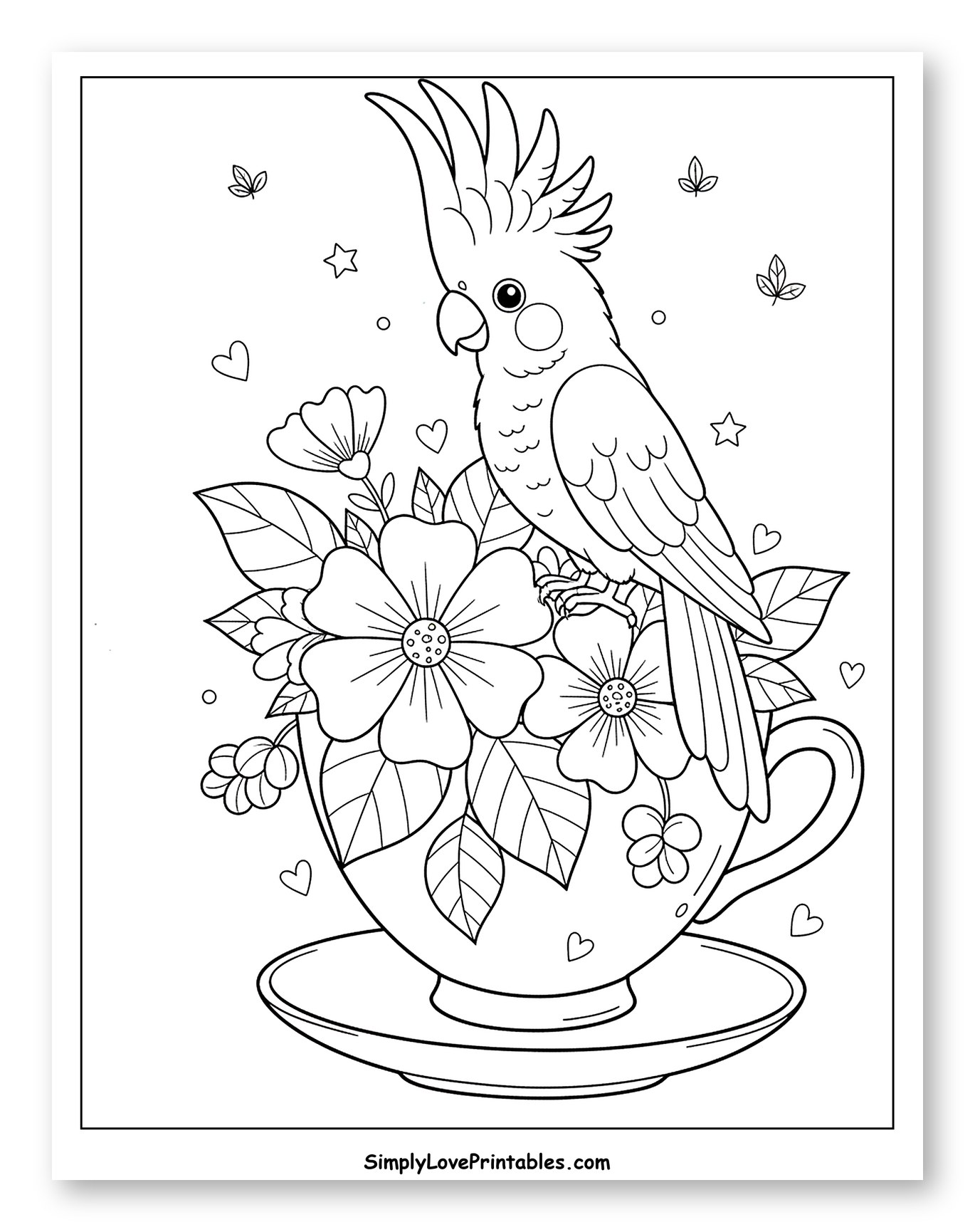 Charming Cockatoo Sitting in a Floral Teacup Coloring Sheet for Adults