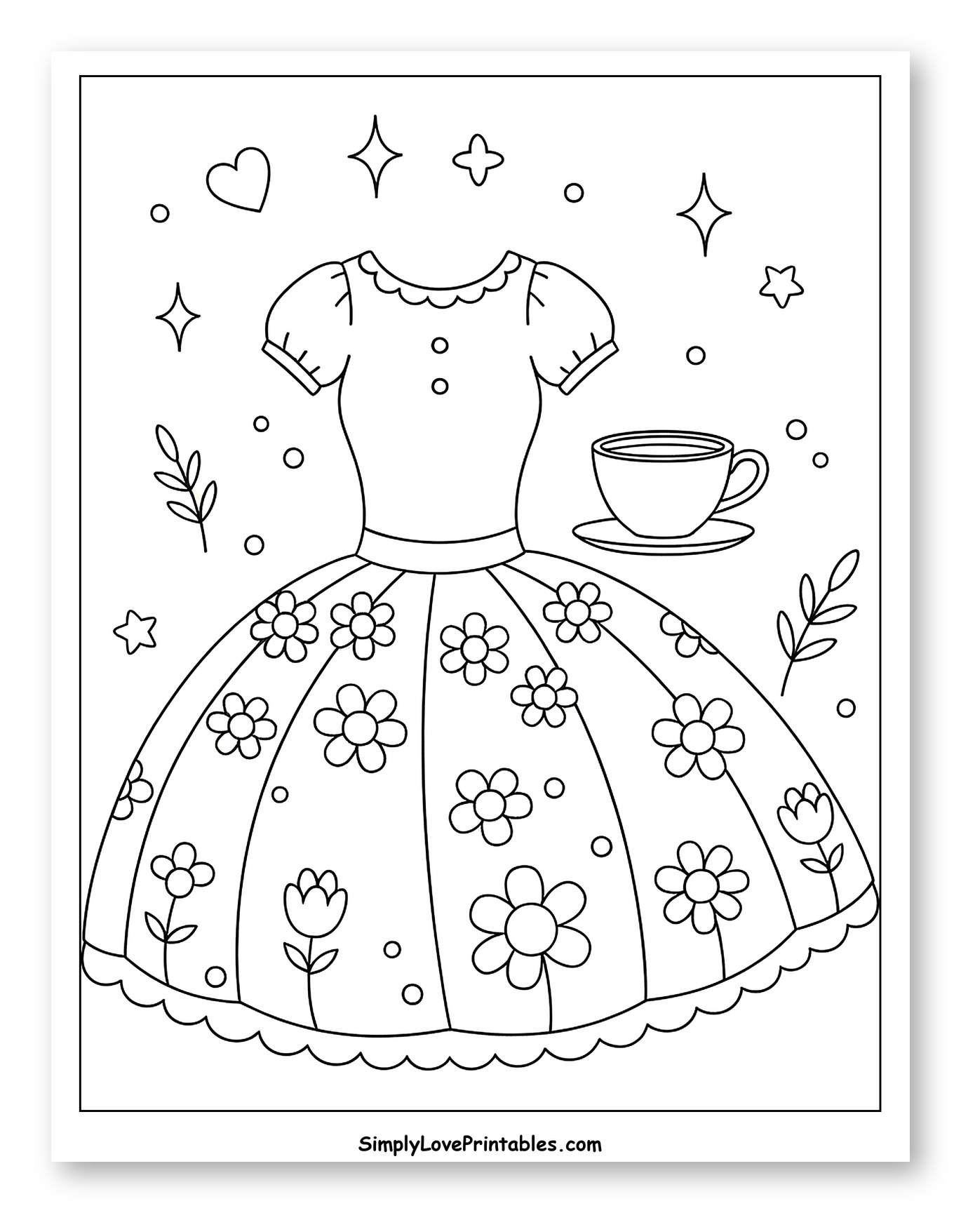 Charming Dress, Teacup, and Sparkles Coloring Page for Adults