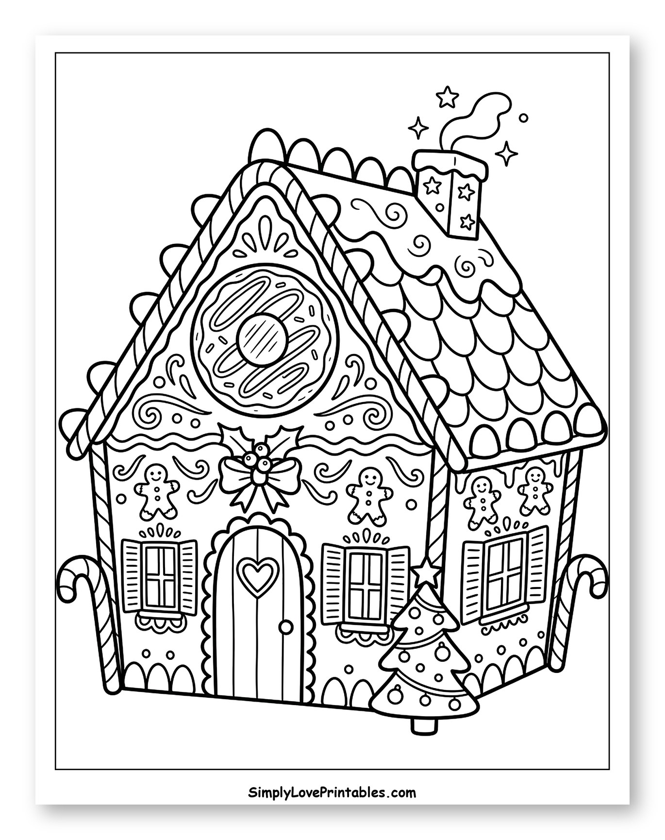 Charming Gingerbread House with a Donut Window Coloring Sheet for Toddlers