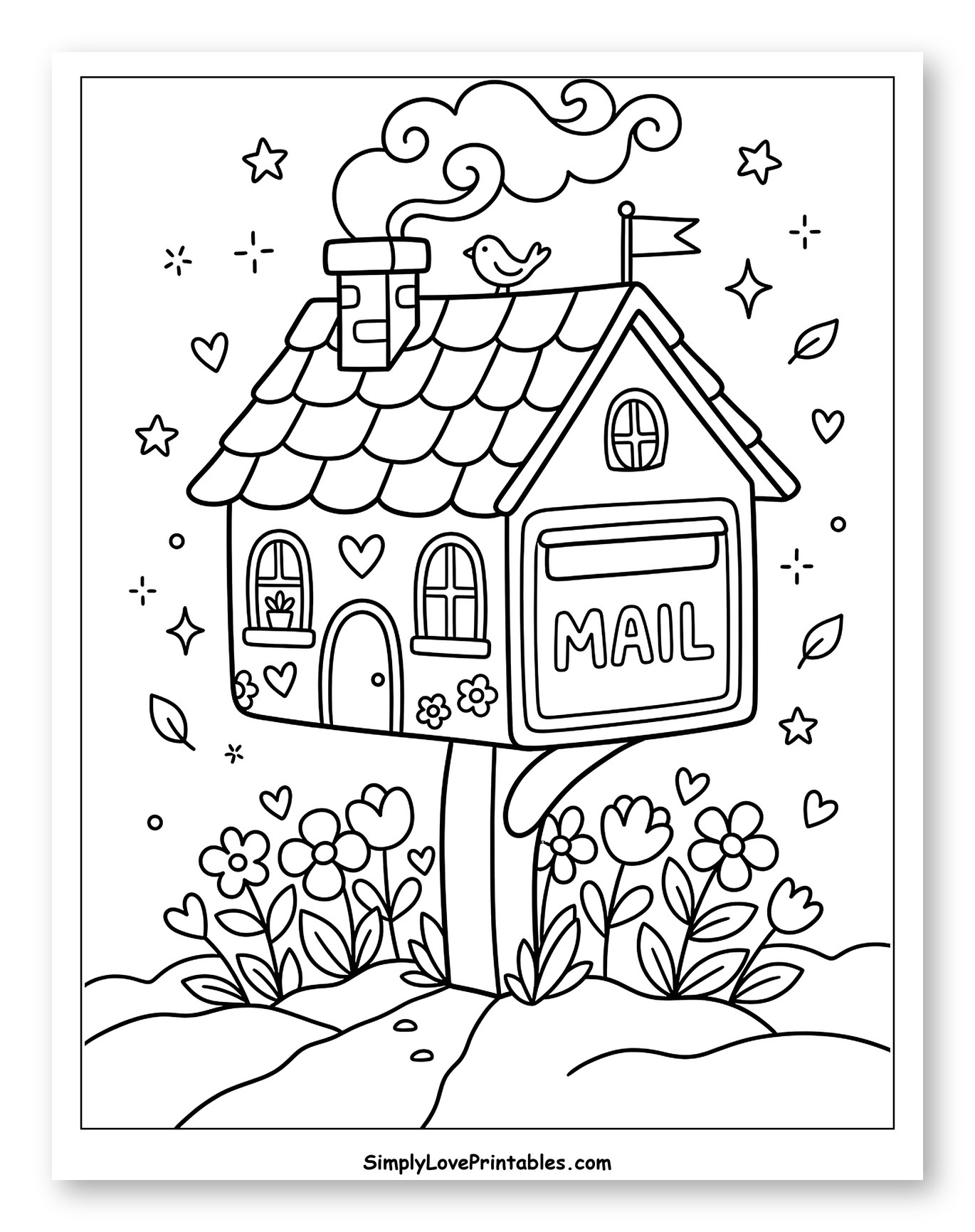 Charming Mailbox House with Flowers and Bird to Color for Adults