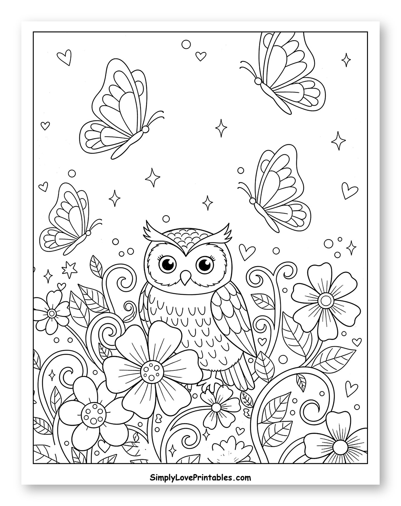 Charming Owl with Butterflies and Flowers