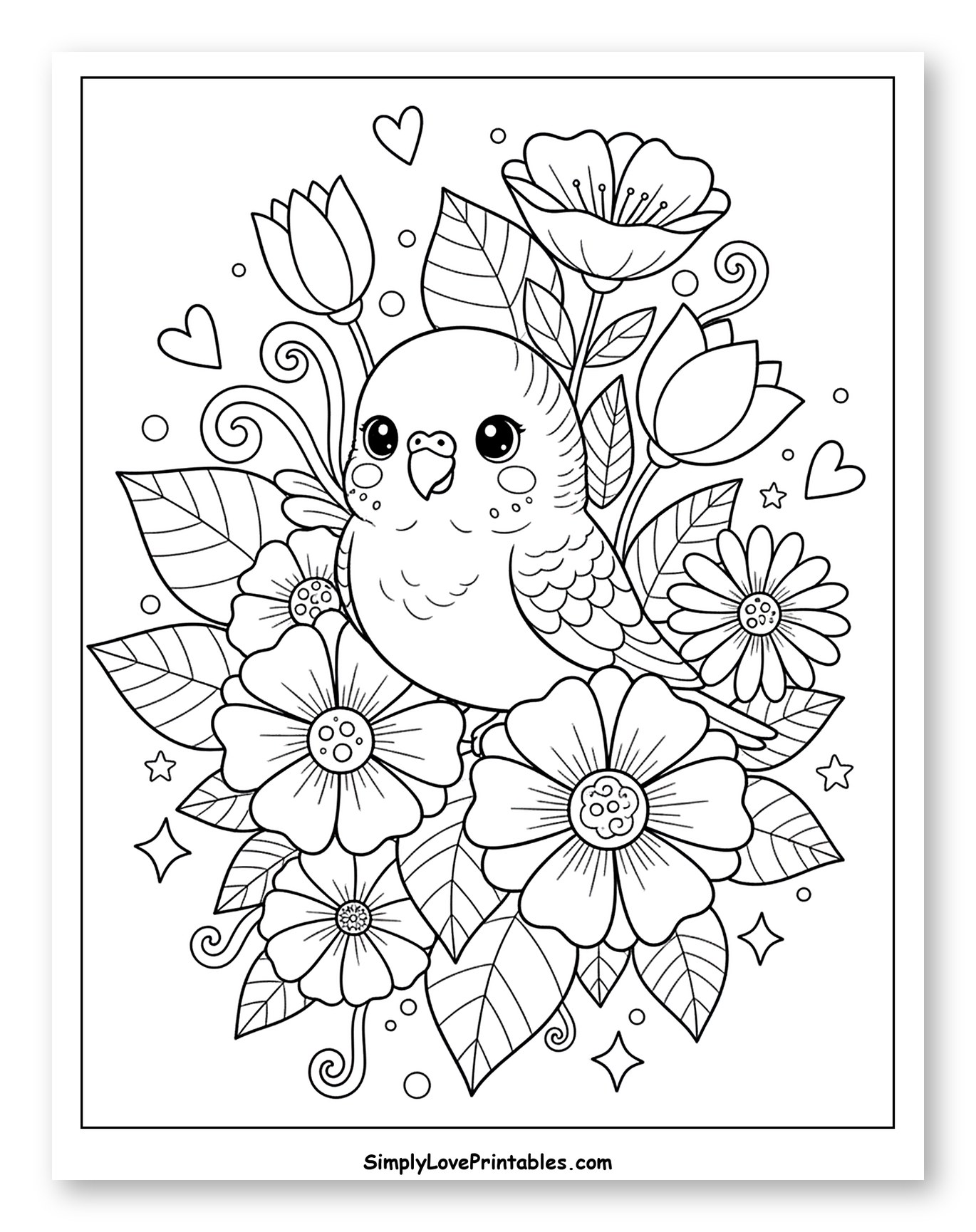 Charming Parakeet in a Garden of Flowers Coloring Page for Adults