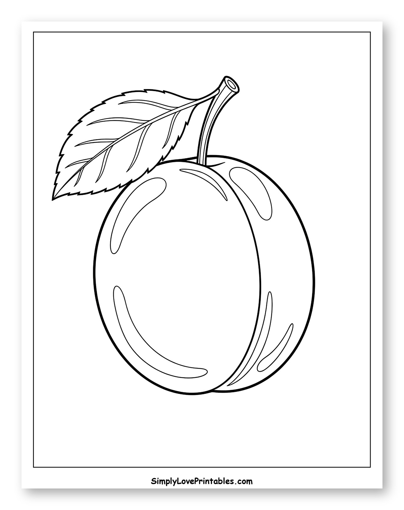 Charming Plum with Leaf and Stem Coloring Page for Toddlers