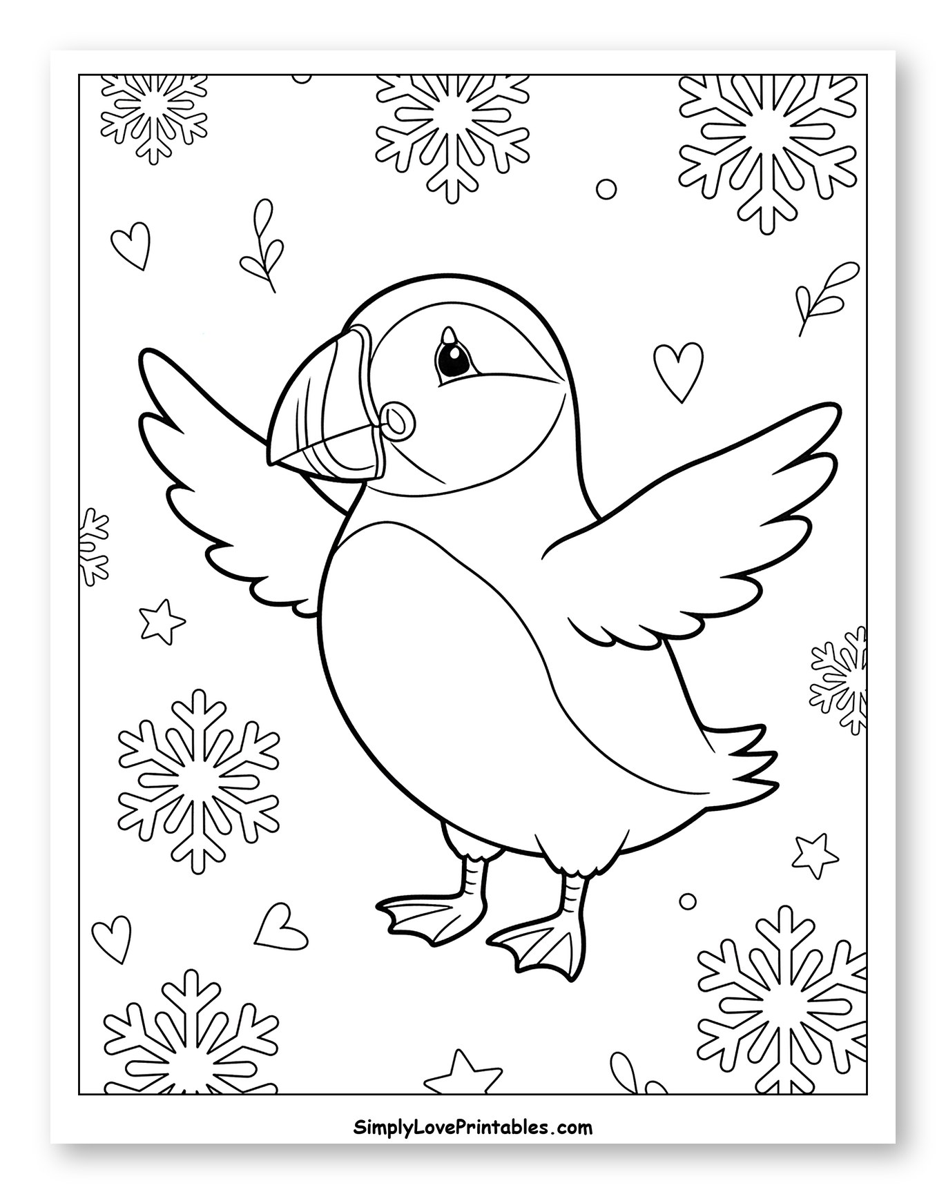 Charming Puffin Surrounded by Snowflakes and Stars Coloring Page for Adults
