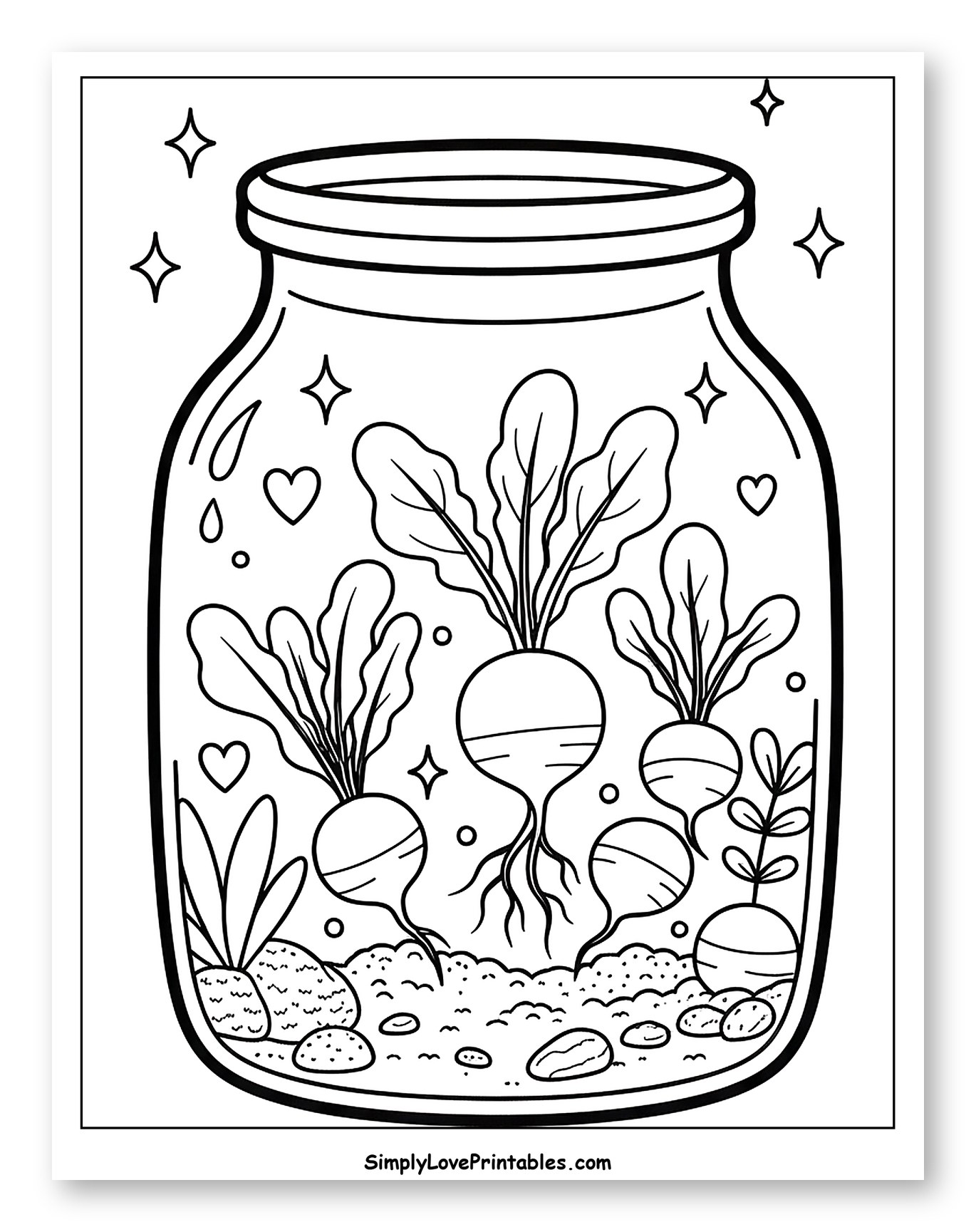 Charming Radish Garden in a Glass Jar Coloring Sheet for Adults