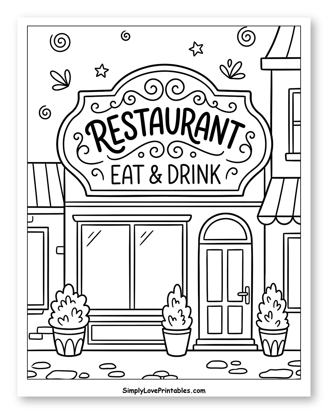 Charming Restaurant with Potted Plants Coloring Page for Adults