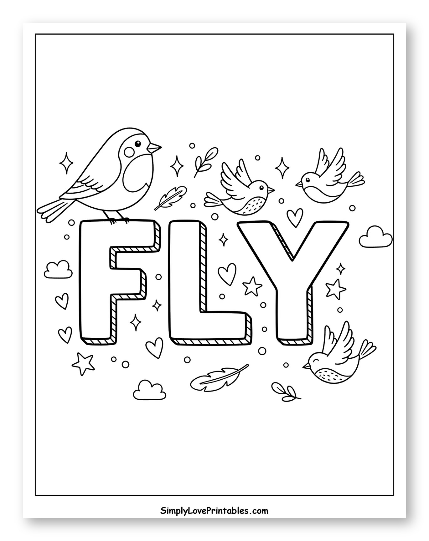 Charming Robin and Birds Around FLY Coloring Sheet for Adults