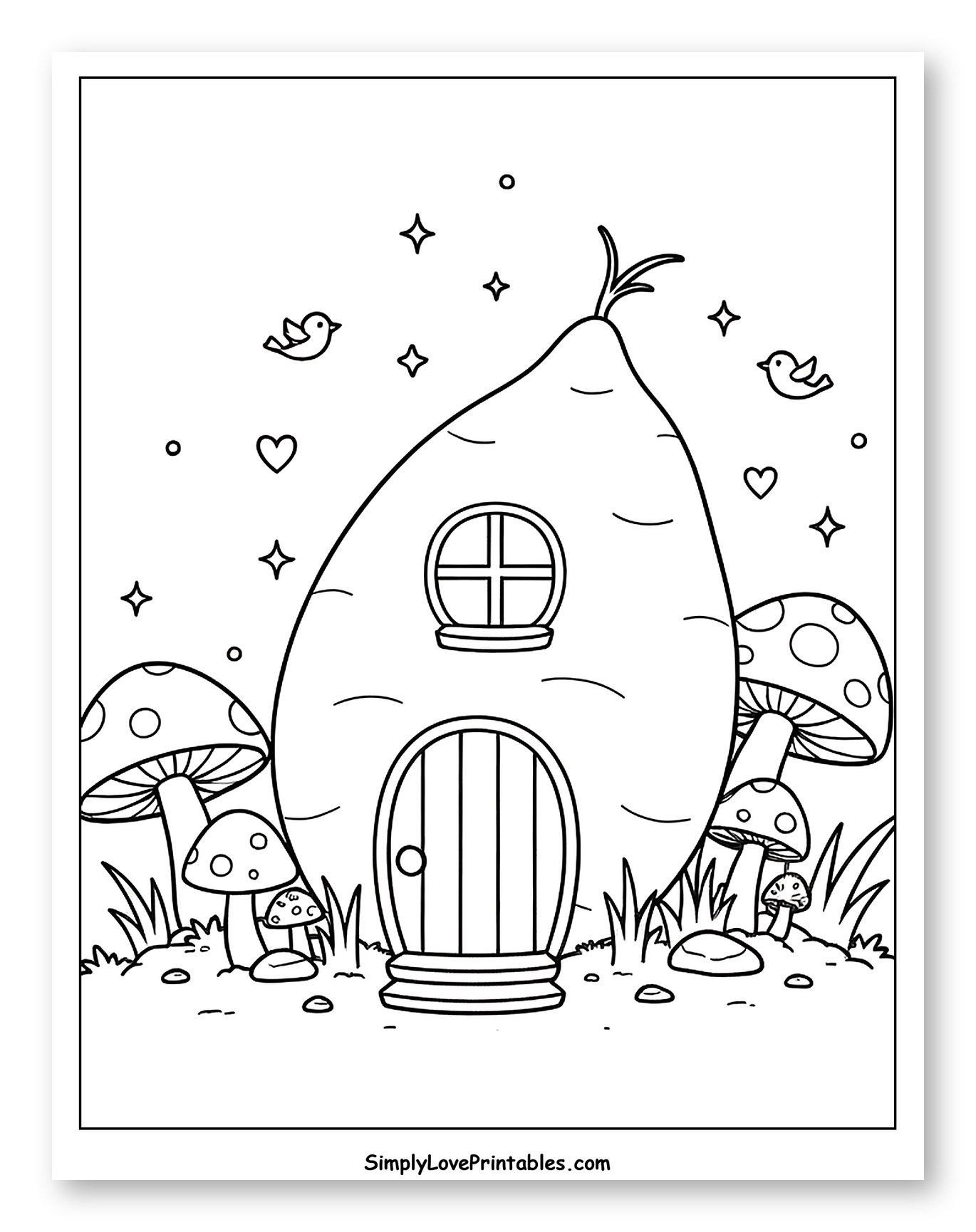 Charming Sweet Potato Home with Mushrooms Coloring Sheet for Adults