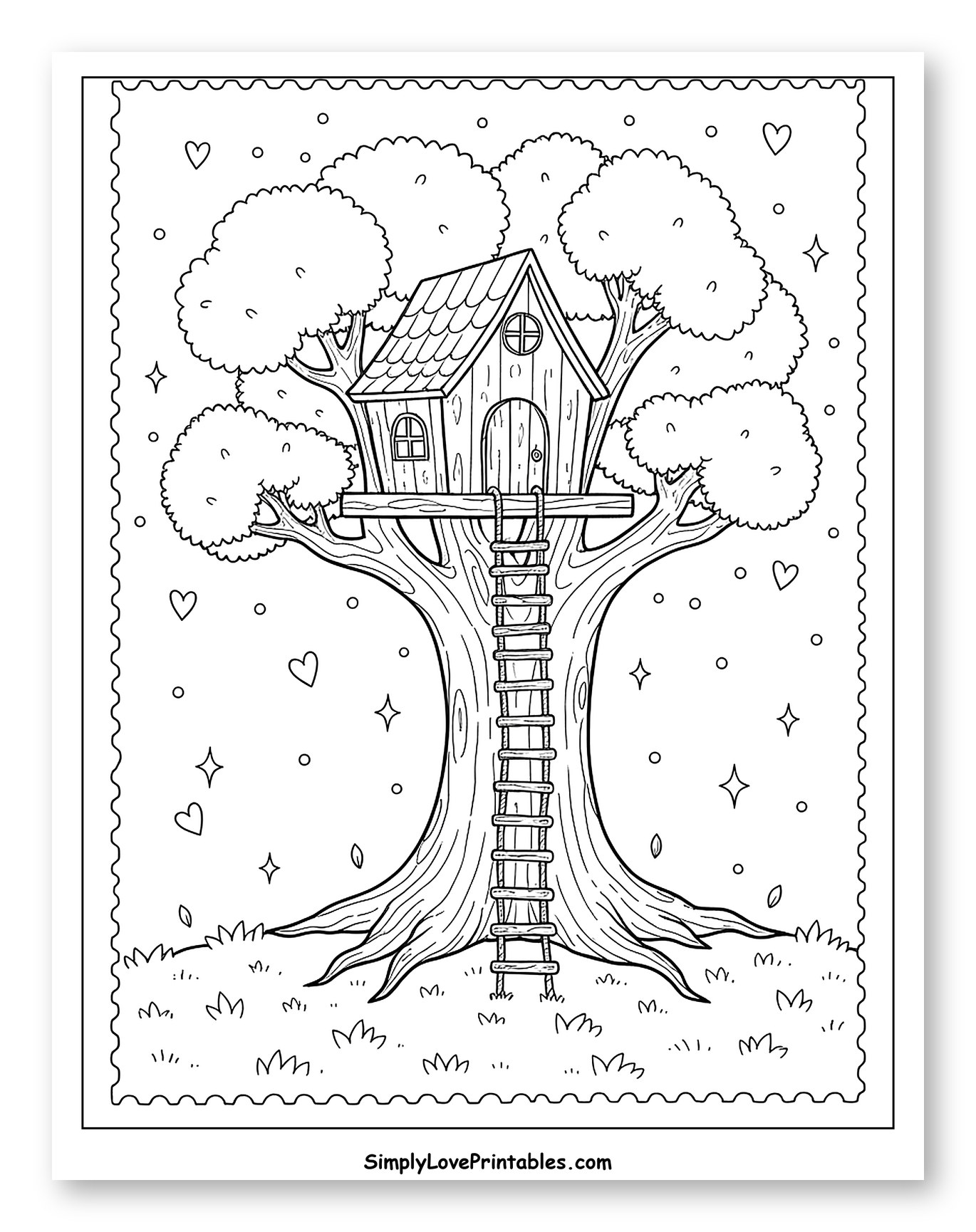 Charming Treehouse with Stars and Hearts Coloring Page for Adults
