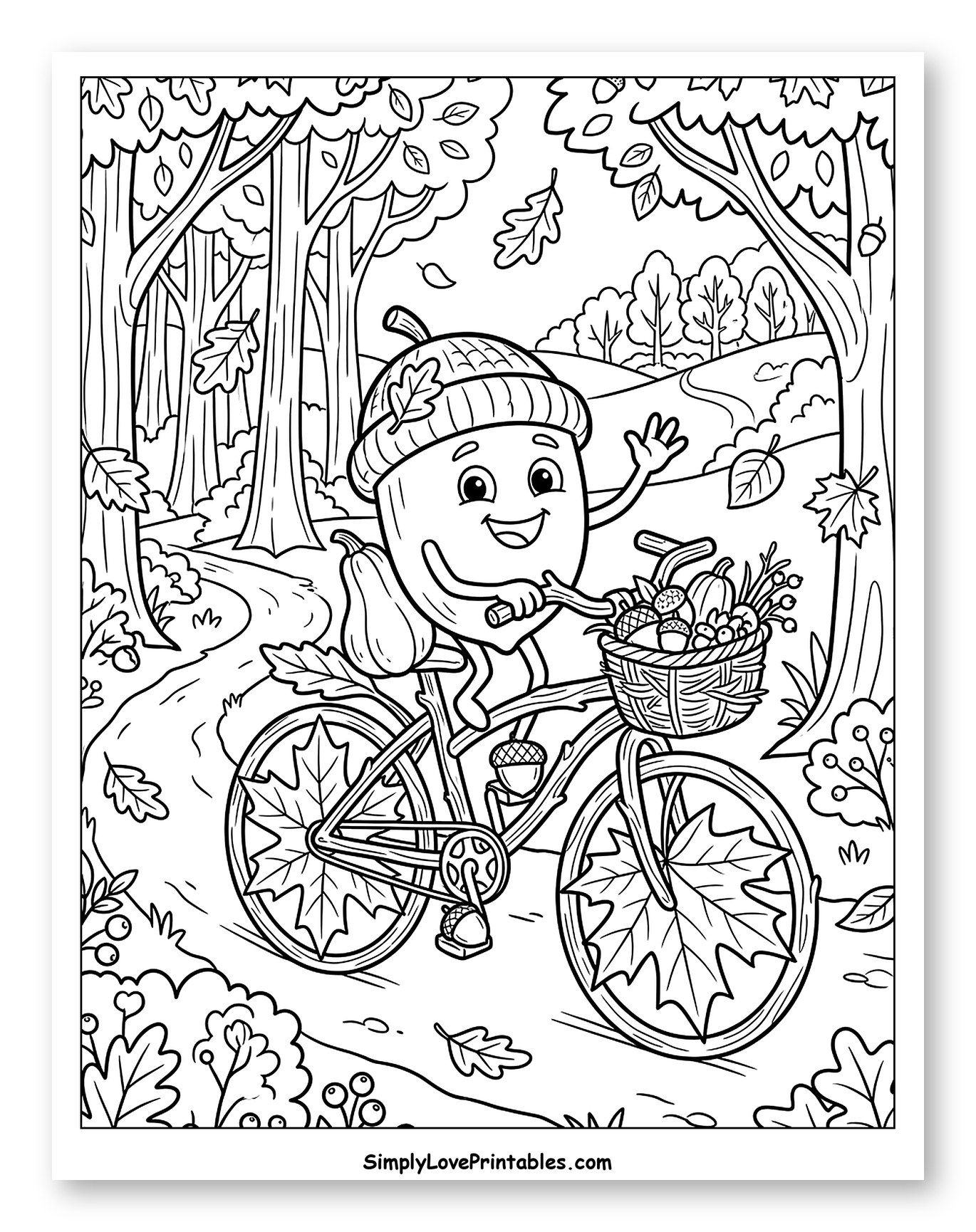 Cheerful Acorn Riding a Bicycle Through Autumn Woods