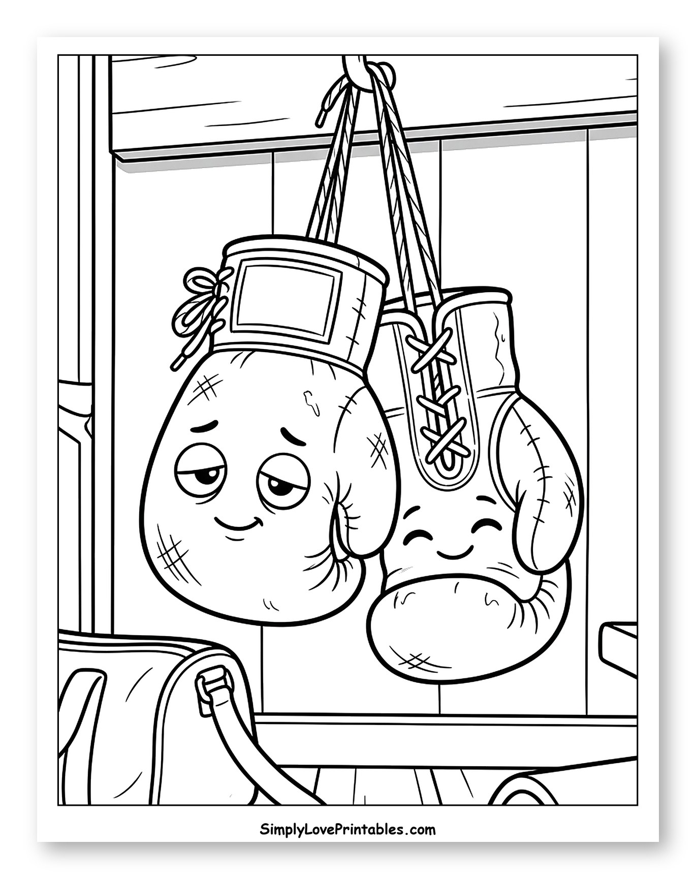 Cheerful and Sleepy Boxing Gloves on a Rack to Color for Kids