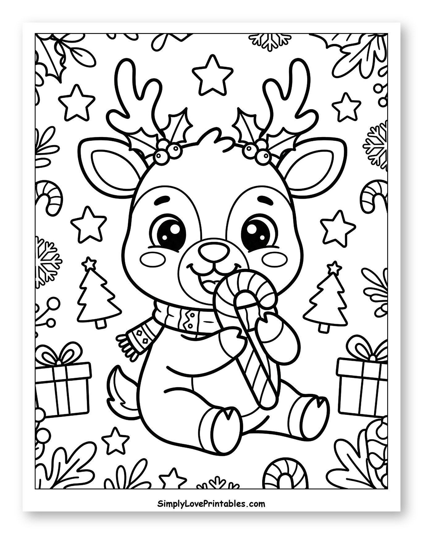 Cheerful Baby Reindeer Holding a Candy Cane