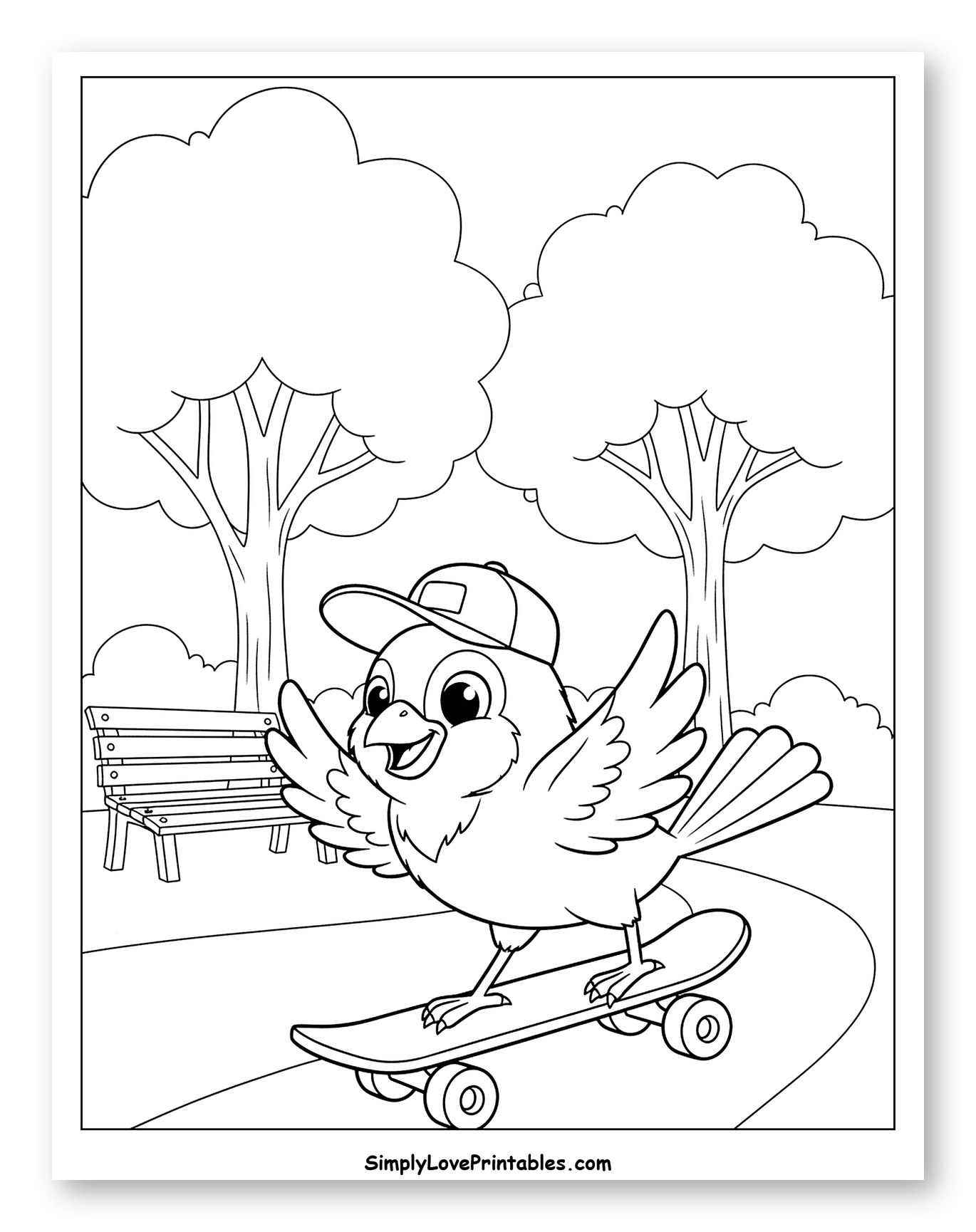 Cheerful Bird Riding a Skateboard Coloring Page for Kids