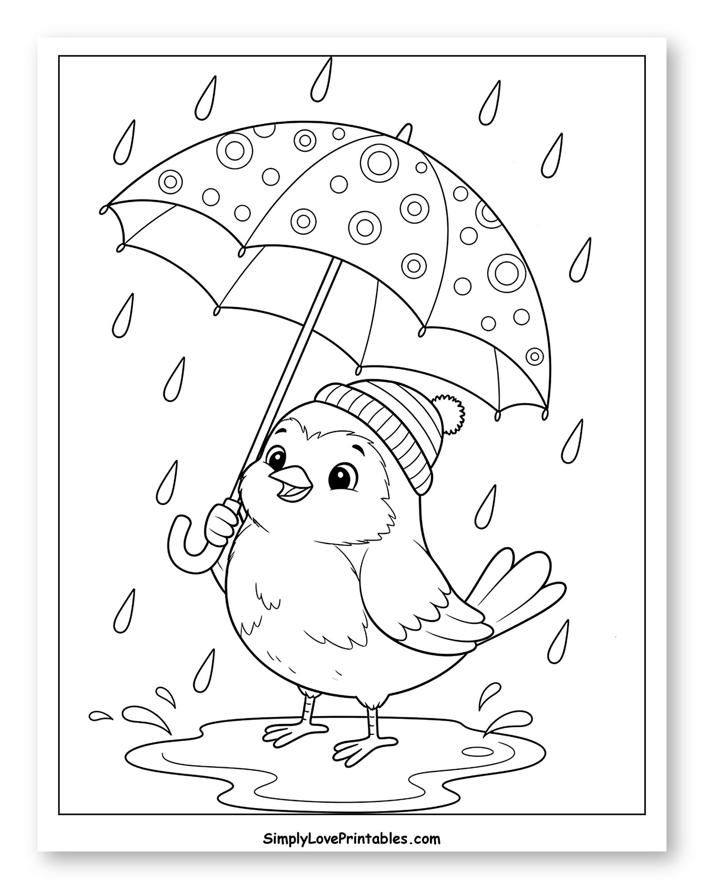 Cheerful Bird with Umbrella in the Rain Coloring Page for Kids