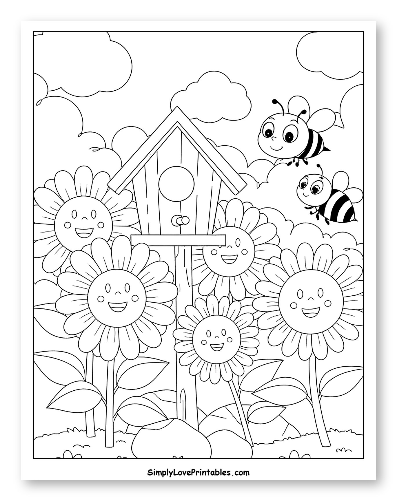 Cheerful Birdhouse with Sunflowers and Flying Bees