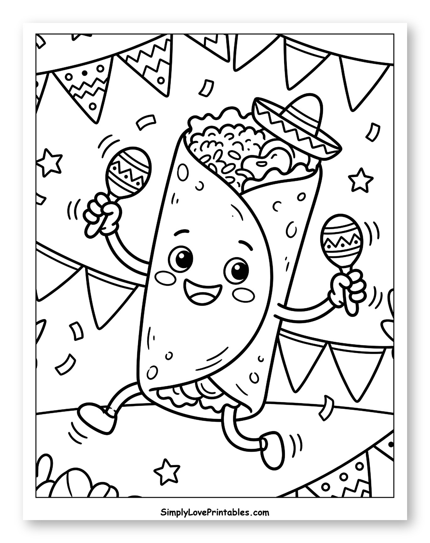 Cheerful Burrito with Sombrero and Maracas Coloring Page for Kids