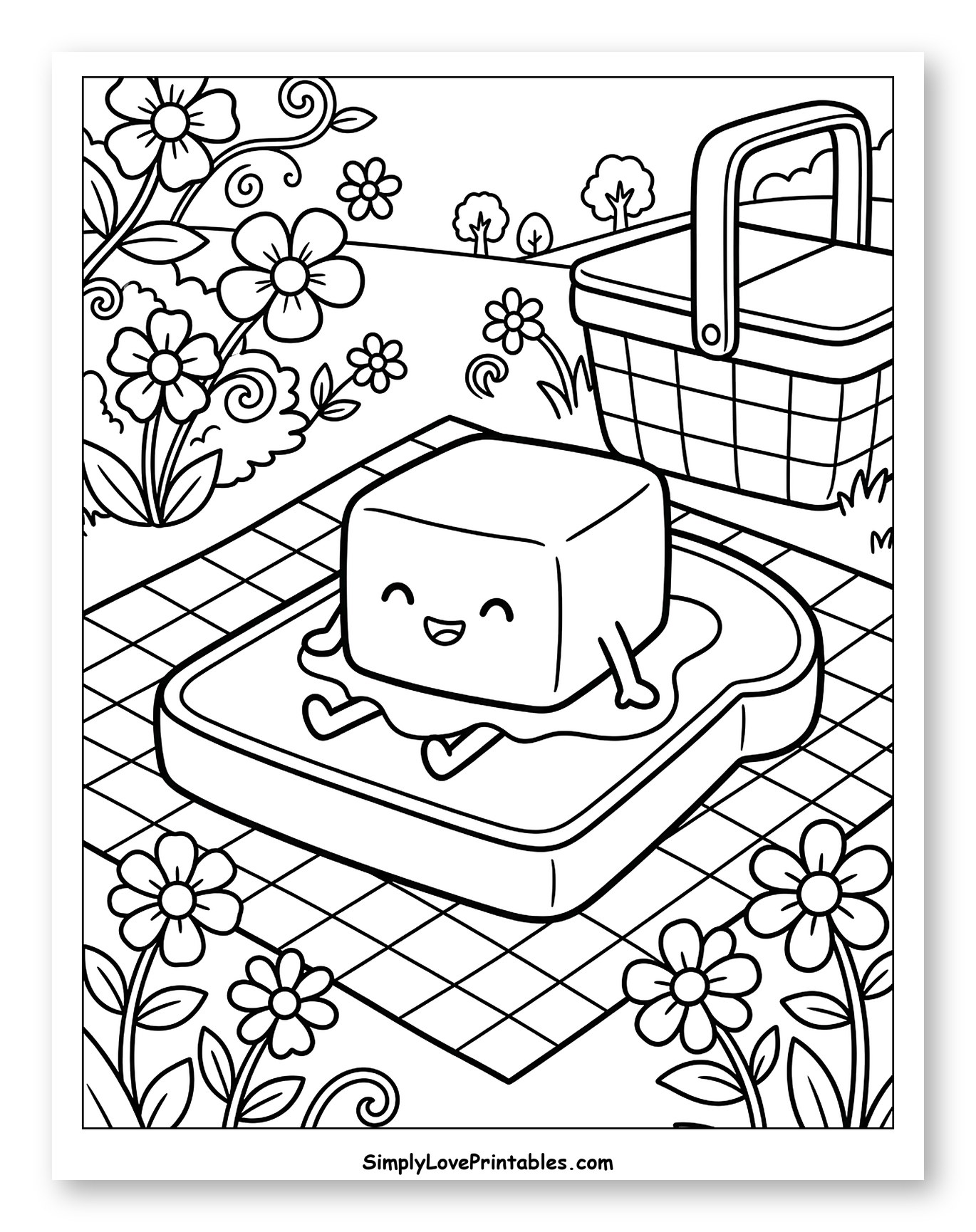 Cheerful Butter on Toast Picnic to Color for Kids