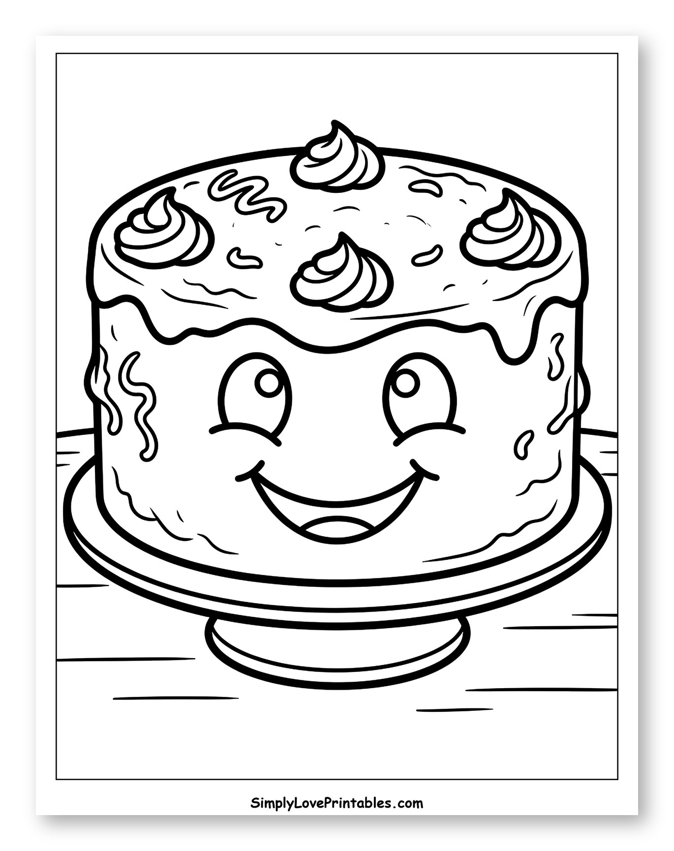 Cheerful Cake with Icing and Whipped Cream Coloring Page for Toddlers