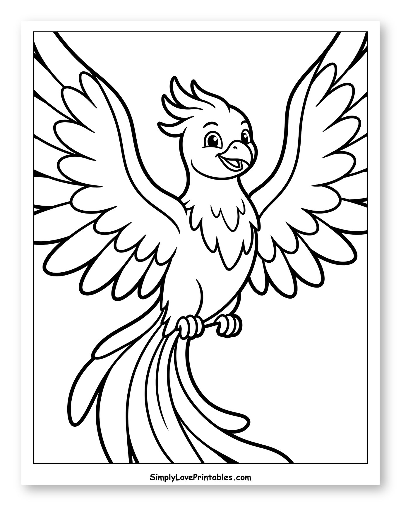 Cheerful Cartoon Phoenix with Spread Wings to Color for Toddlers