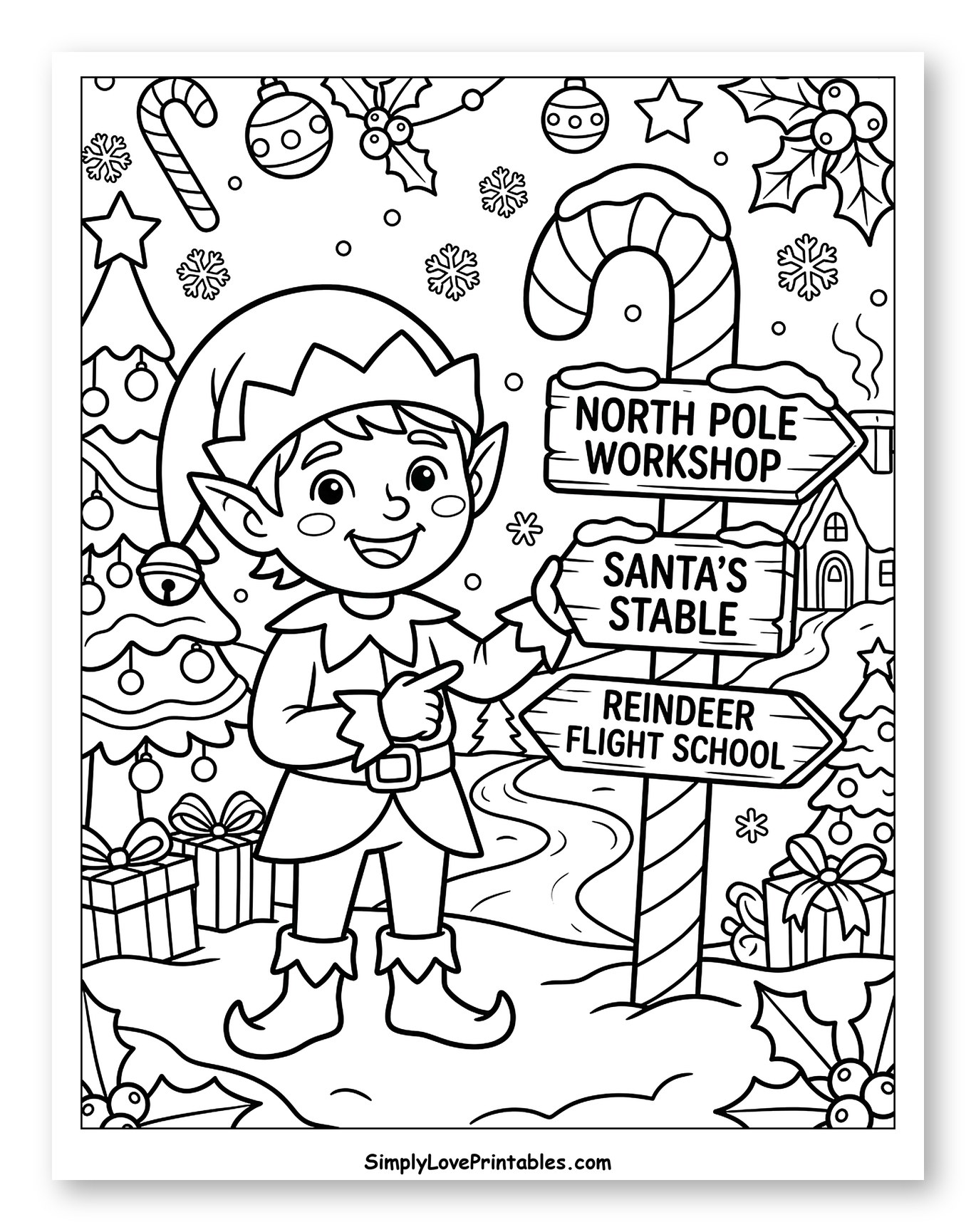 Cheerful Christmas Elf and North Pole Directional Sign